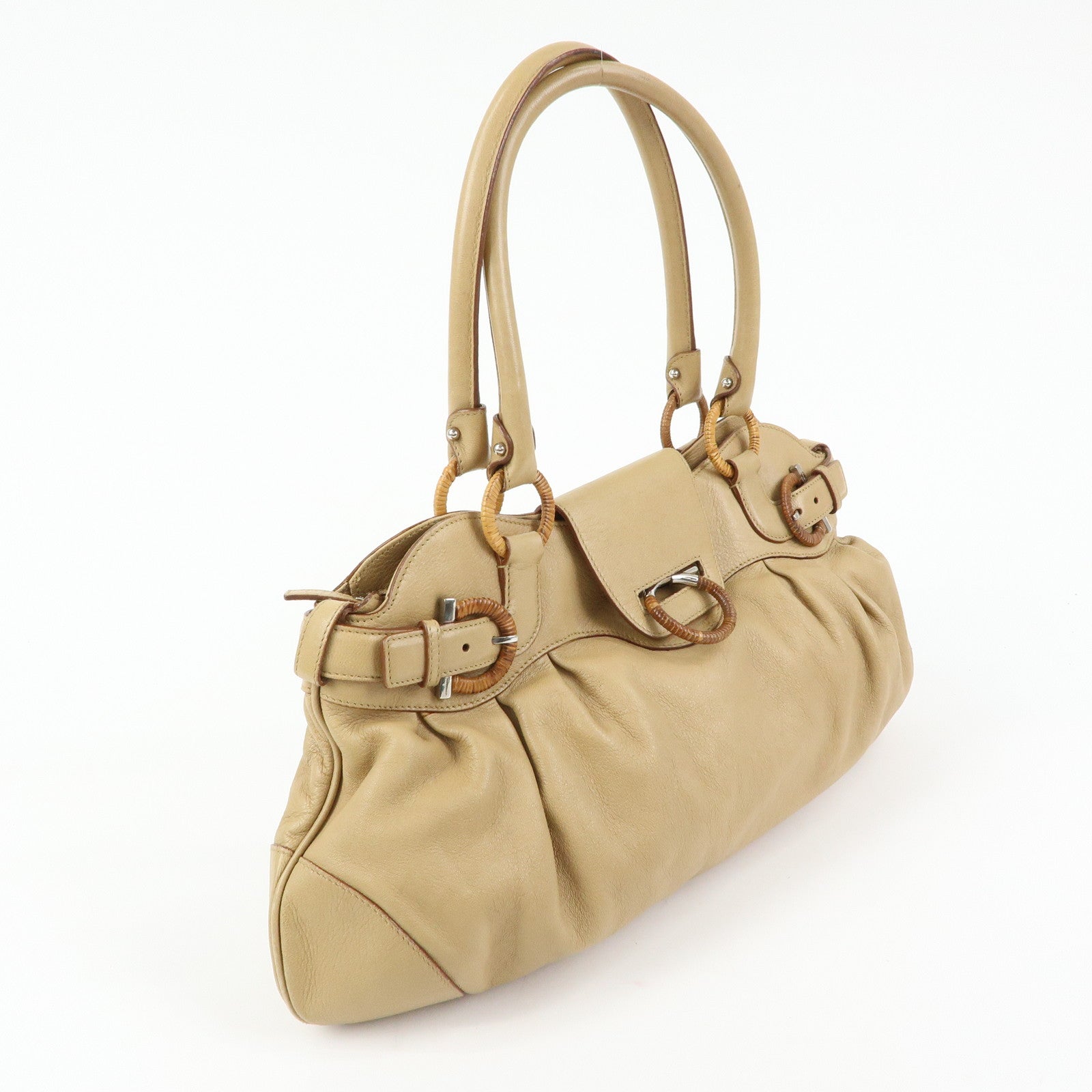 Ferragamo Gancini Leather Rattan Shoulder Bag Light Brown
