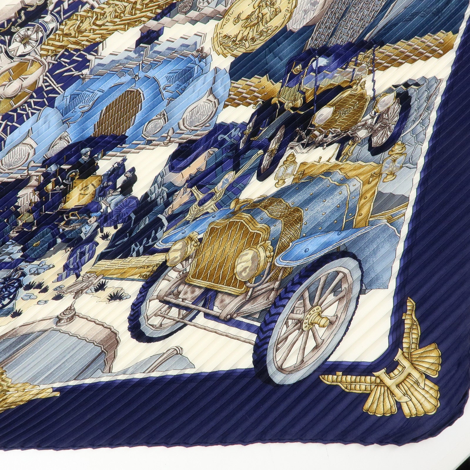 HERMES Pleated Carre 90 Silk 100% Scarf Automobile Print Navy White