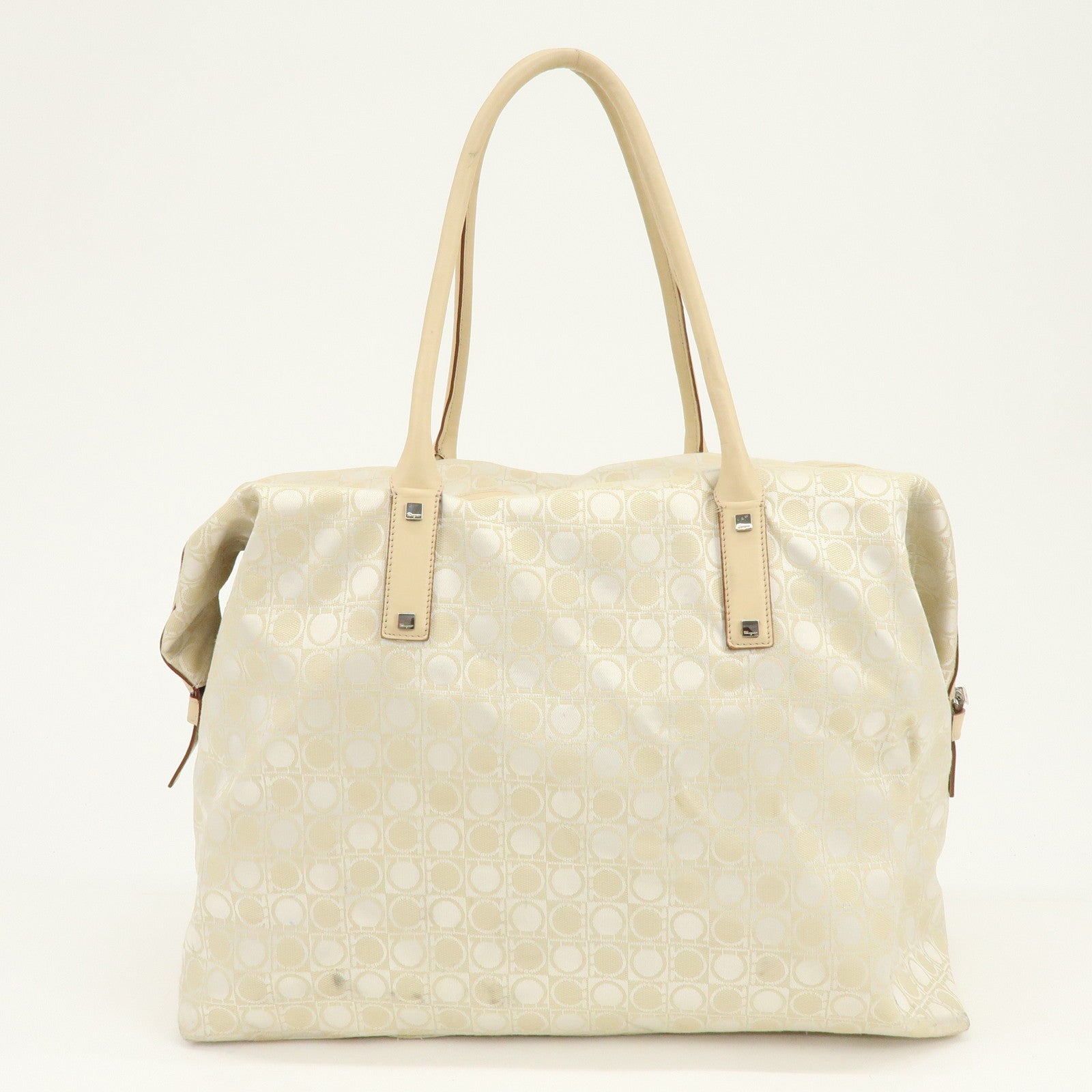 Ferragamo Gancini Canvas Leather Tote Bag Shoulder Bag Light Beige