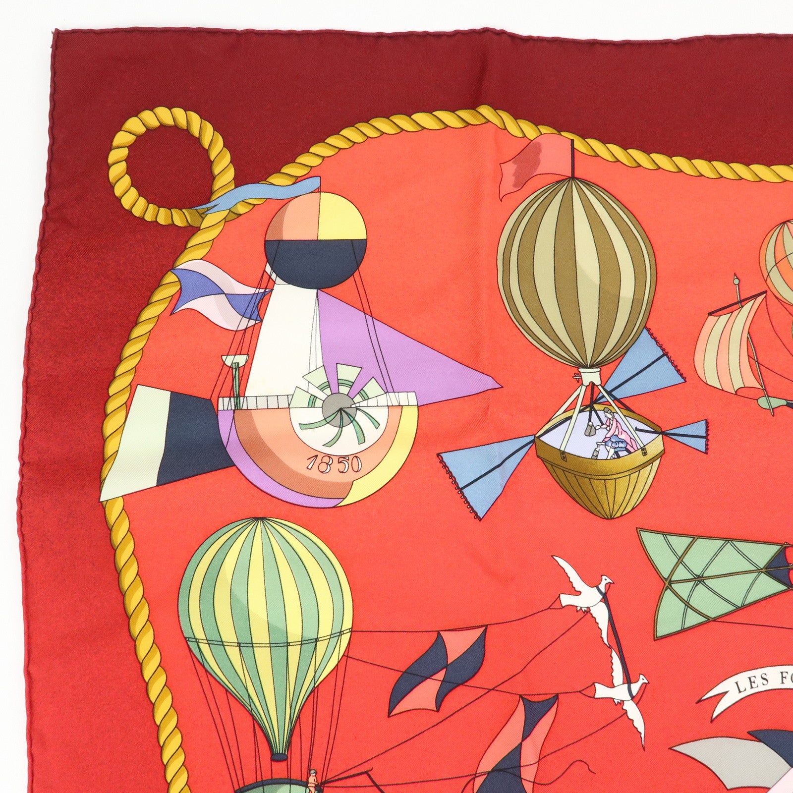 HERMES Carre 90 Silk 100% LES FOLIES DU CIEL Scarf Red Wine Red