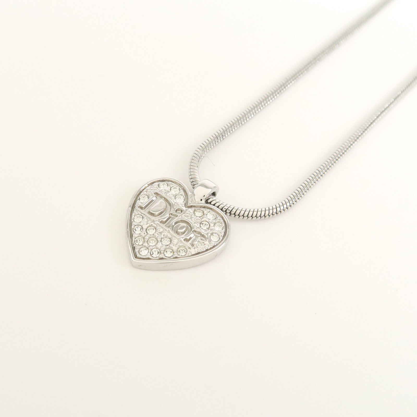 Christian Dior Heart Logo Metal Rhinestone Necklace Choker Silver