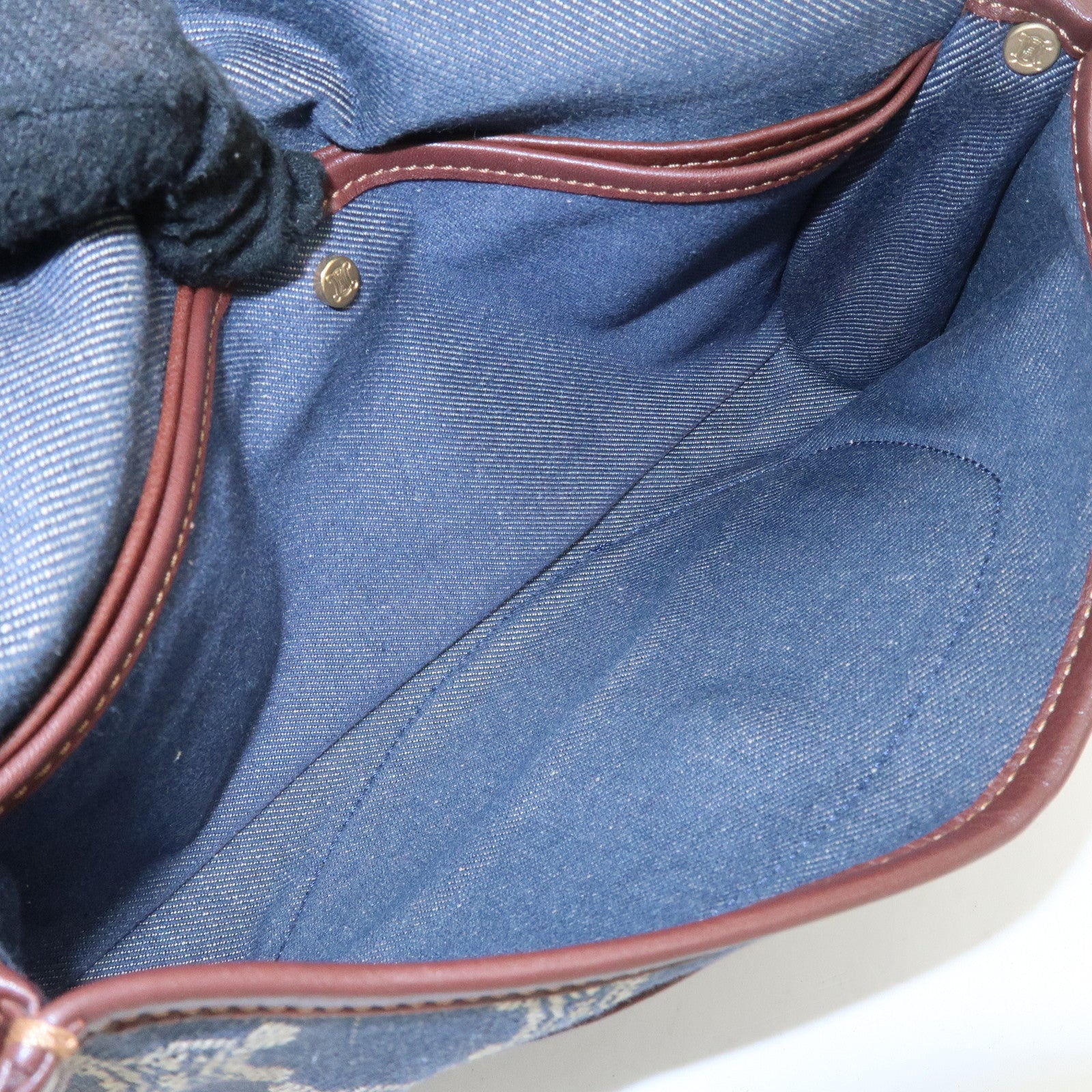 CELINE Macadam Studs Denim Leather Shoulder Bag Dark Brown Navy Used