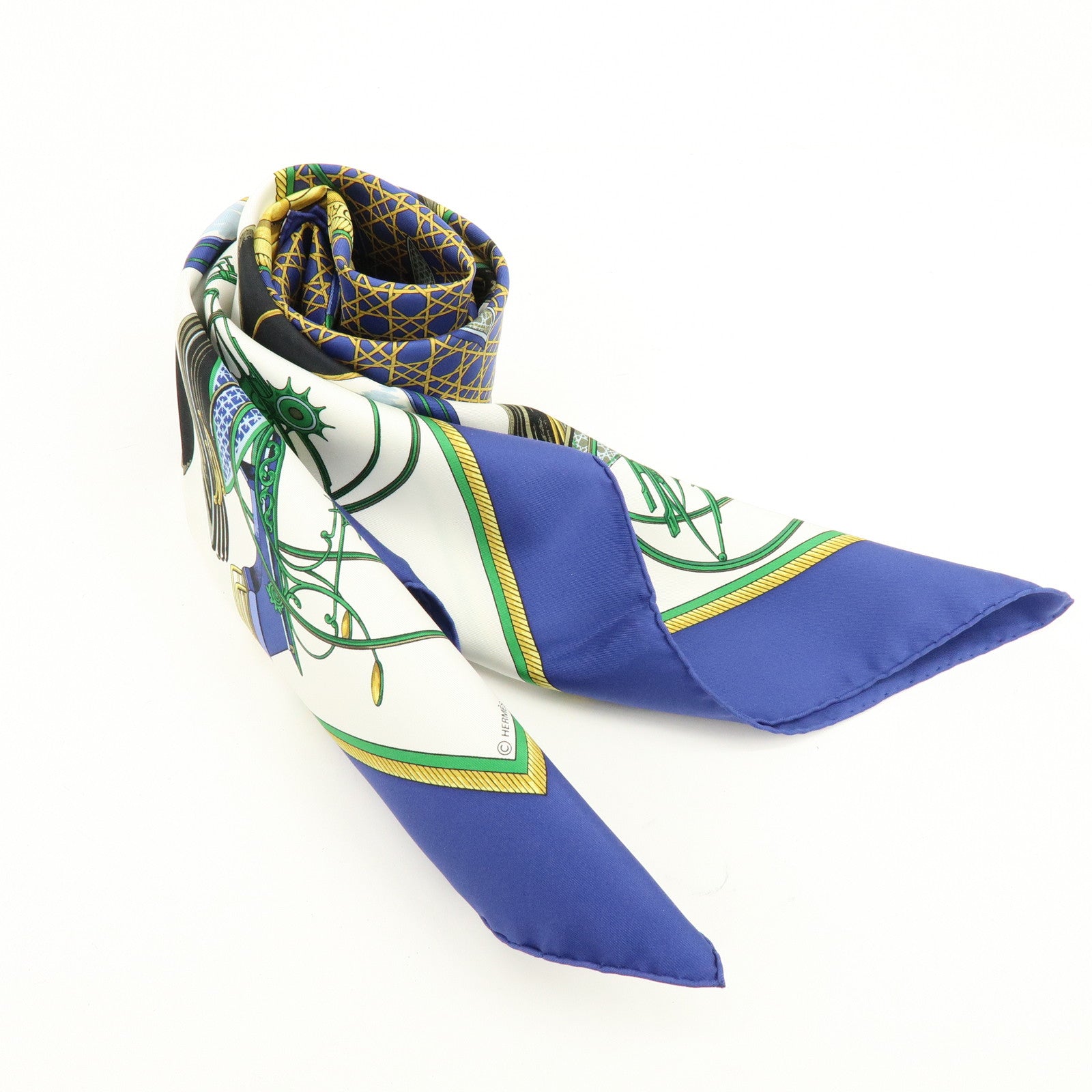 HERMES Carre 90 Silk 100% LES VOITURES A TRANSFORMATION Scarf Blue