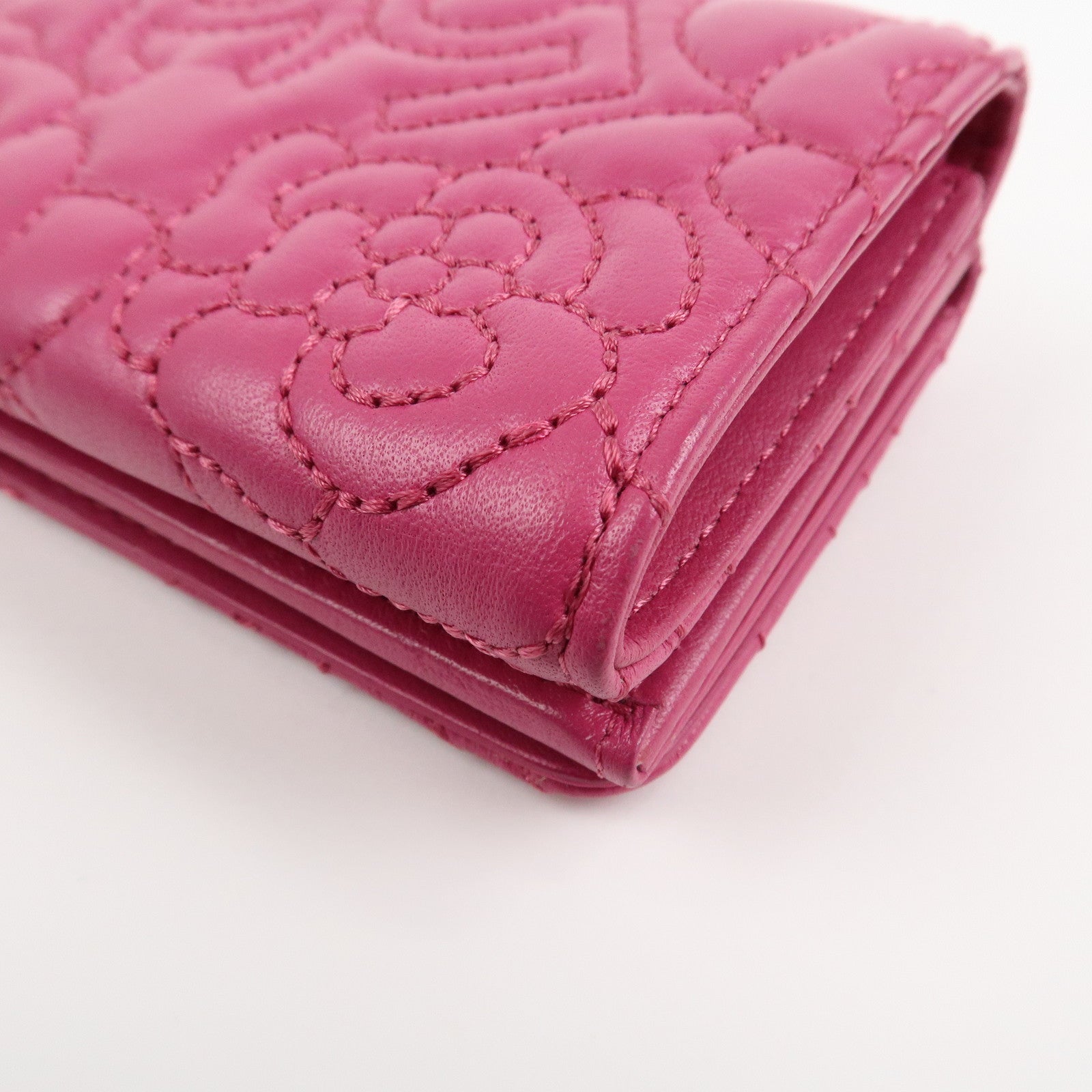 CHANEL COCO Mark Lamb Skin Tri-fold Compact Wallet Pink