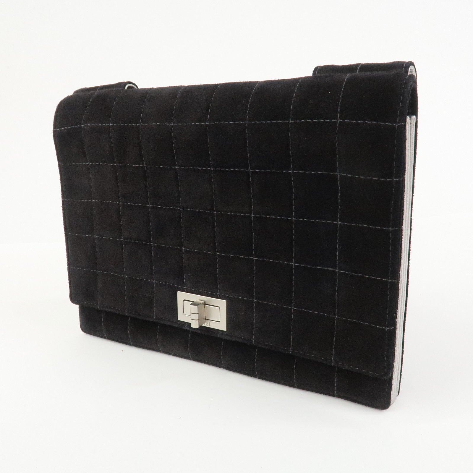 CHANEL Chocolate Bar Suede Shoulder Bag Crossbody Bag Black