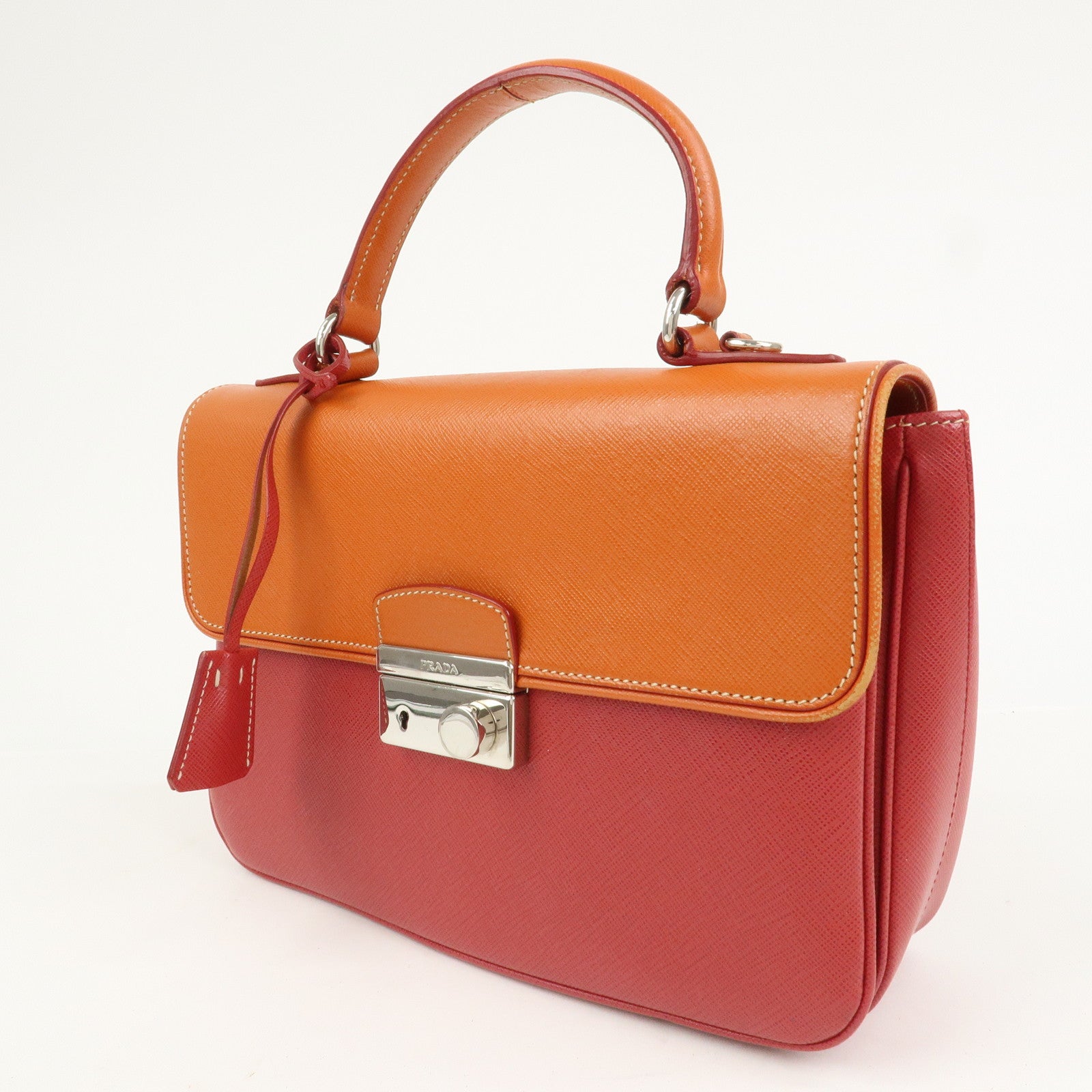 PRADA Saffiano Leather 2 Way Bag Tote Bag Shoulder Bag Orange Red