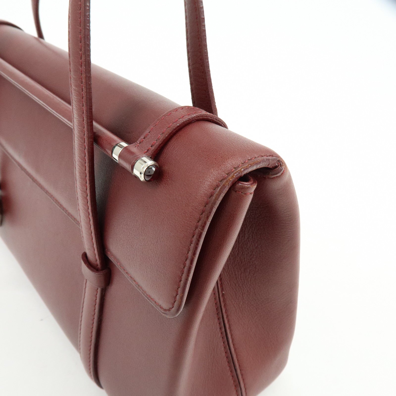 Cartier Cabochon Leather Hand Bag Tote Bag Wine Red