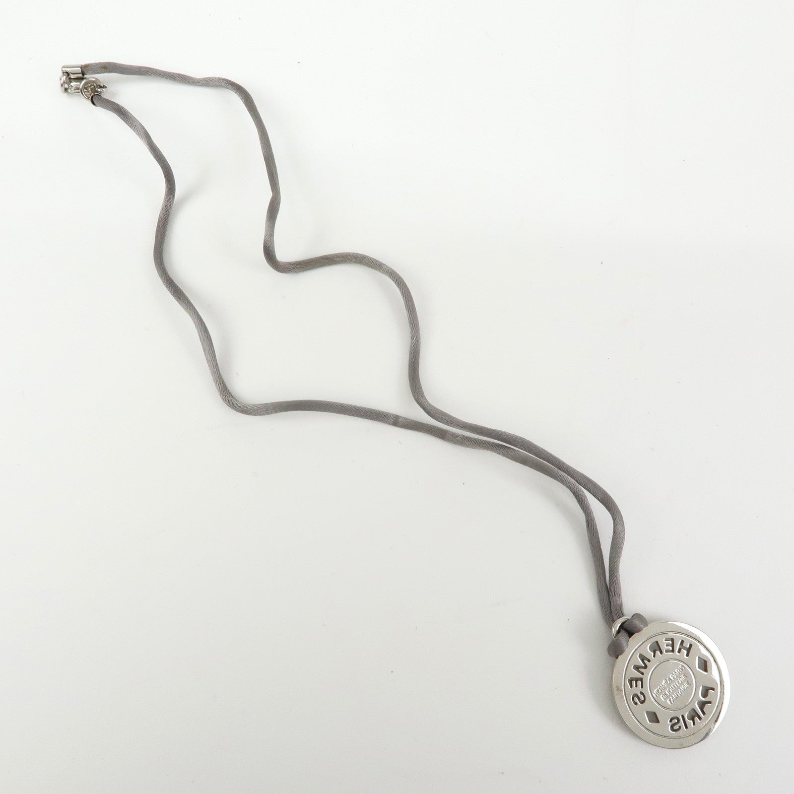 HERMES Serie Silk Cord Metal Necklace Pendant Silver Gray