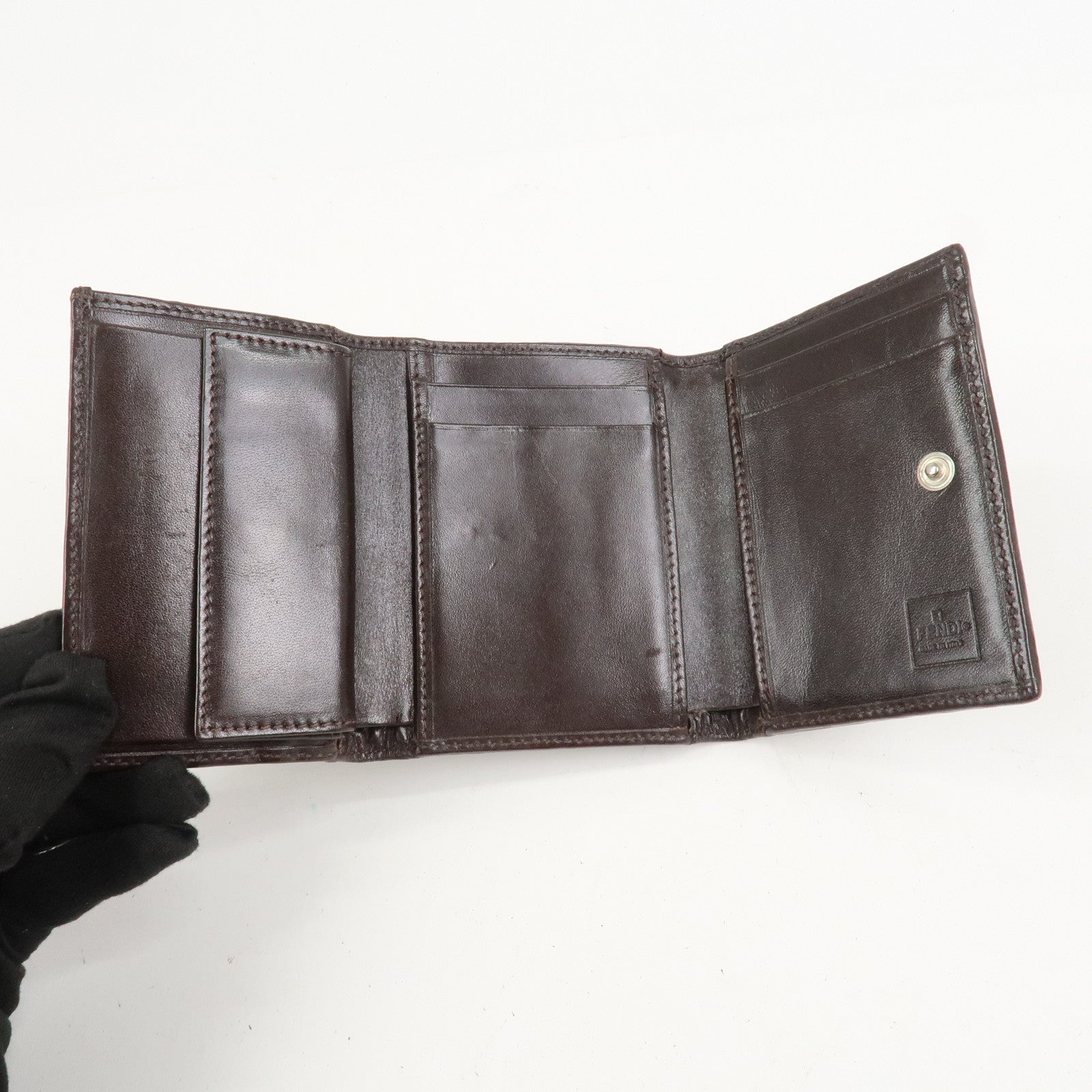 FENDI Zucca Canvas Leather Tri-fold Compact Wallet Brown 30959