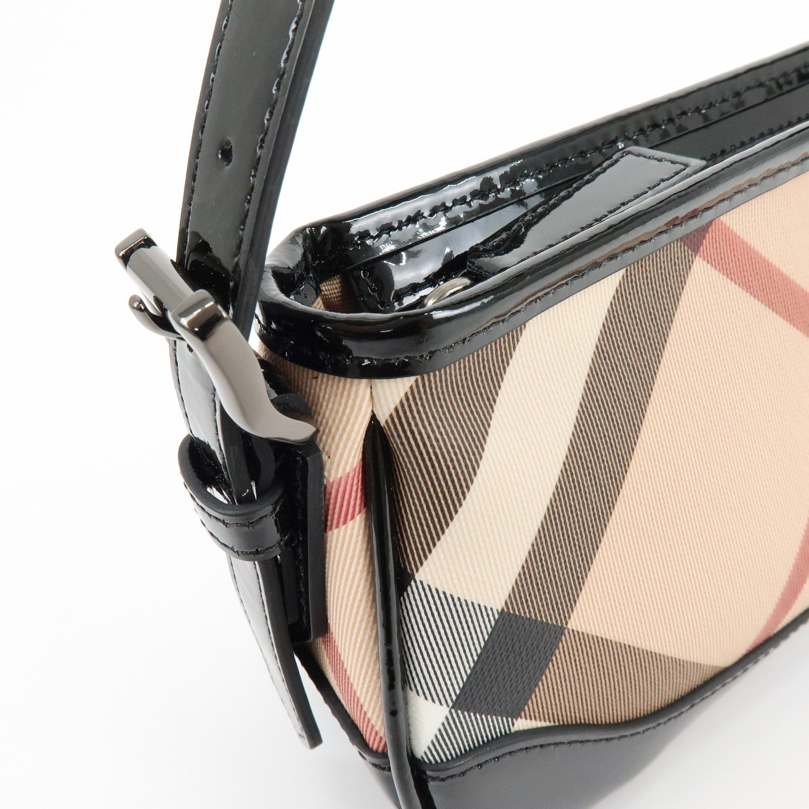 BURBERRY Nova Plaid PVC Patent Leather Hand Bag Beige Black