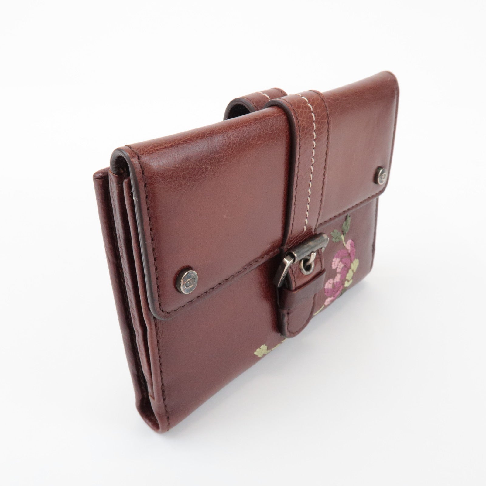 Christian Dior Leather Flower Embroidery Motif Compact Wallet Brown