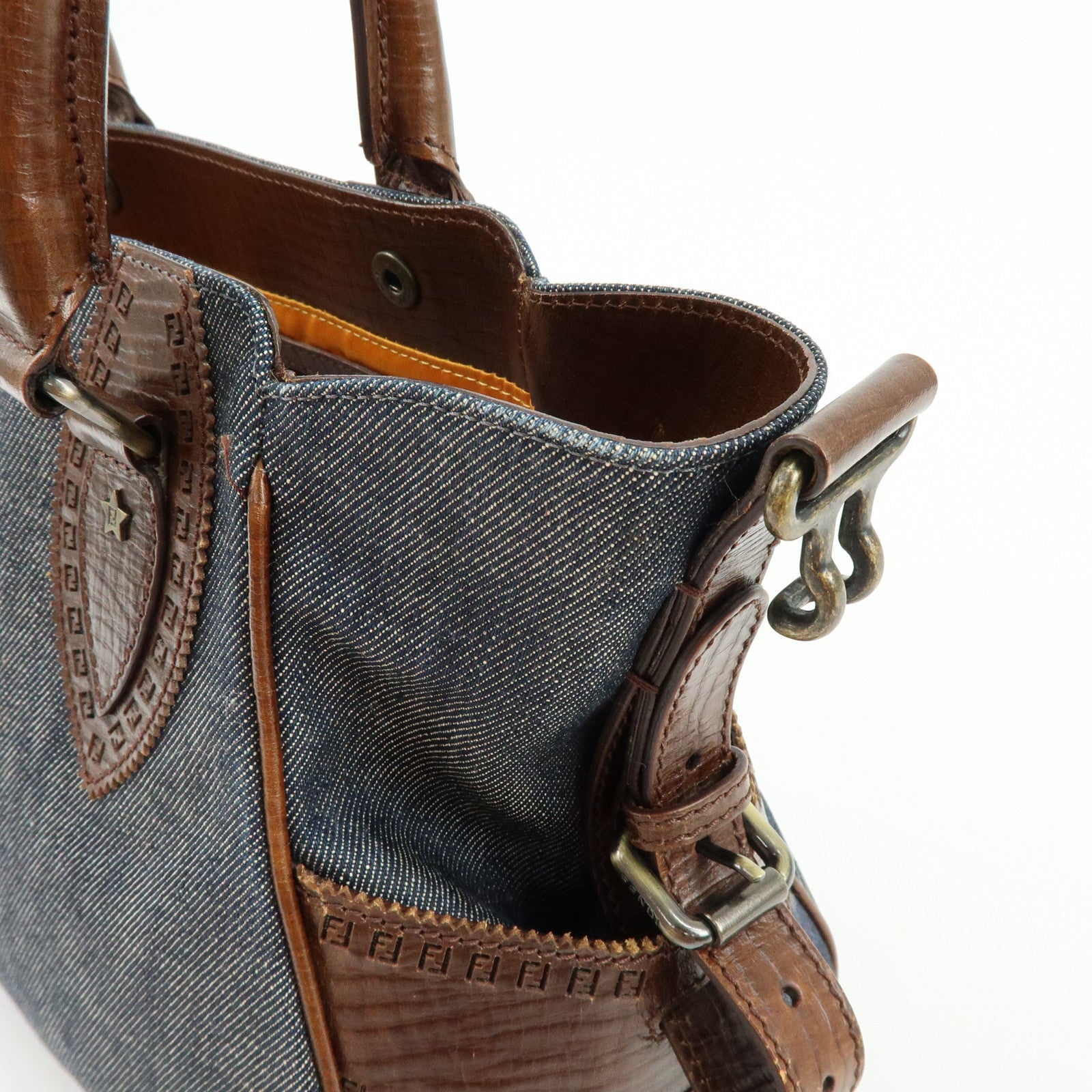 FENDI Etnico Zucca Denim Leather Shoulder Bag Blue Brown 8BN157