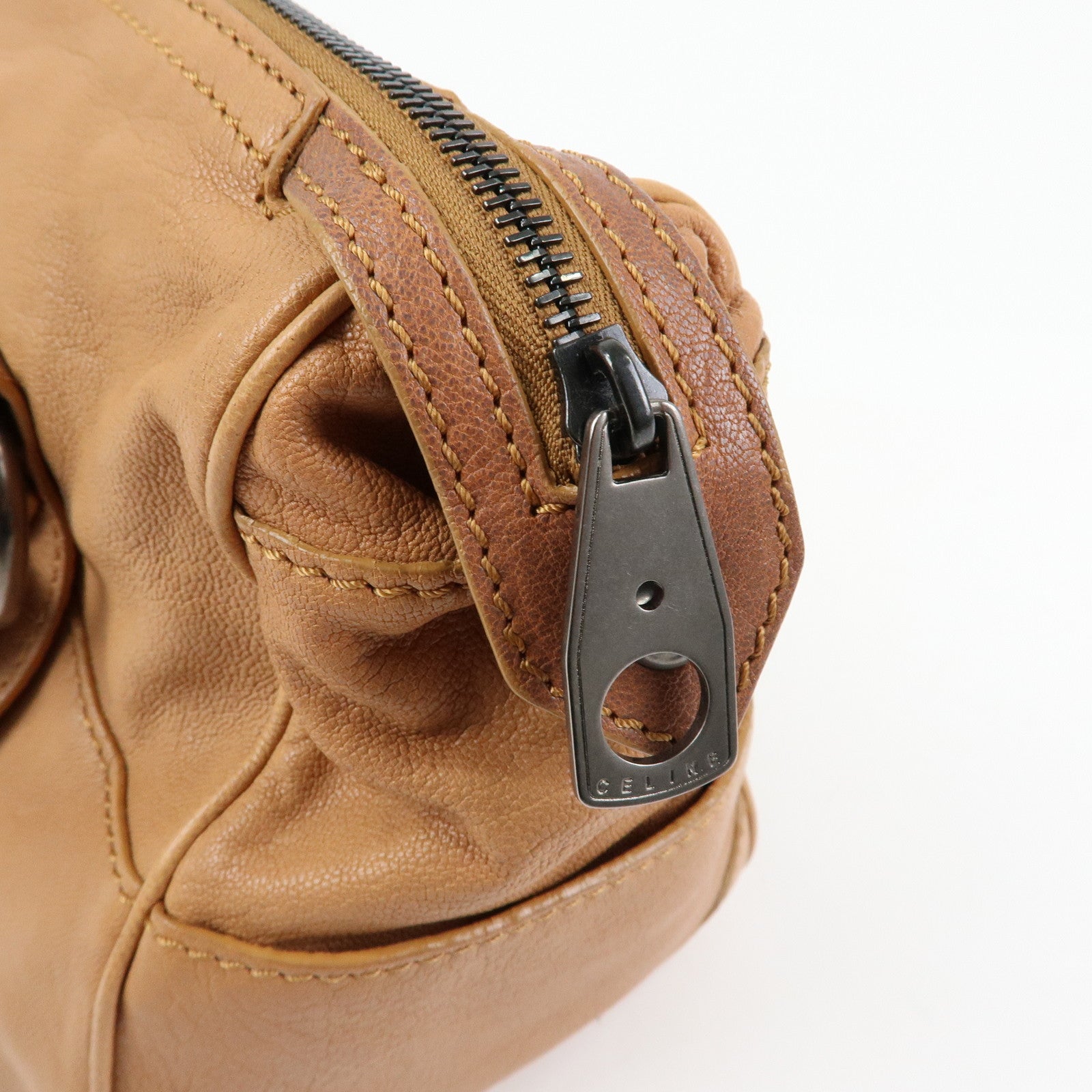 CELINE Logo Leather Hand Bag Boston Bag Hand Bag Brown