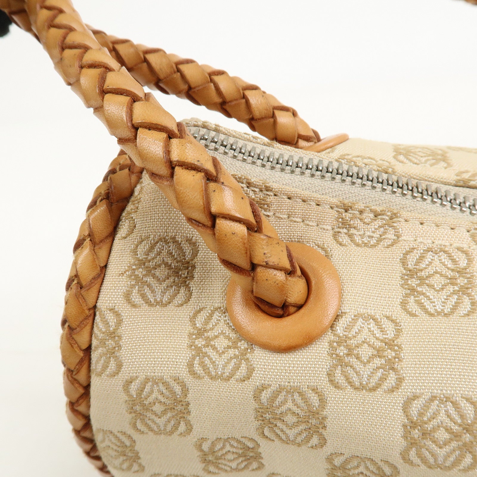 LOEWE Anagram Logo Canvas Shoulder Bag Leather Beige Light Brown