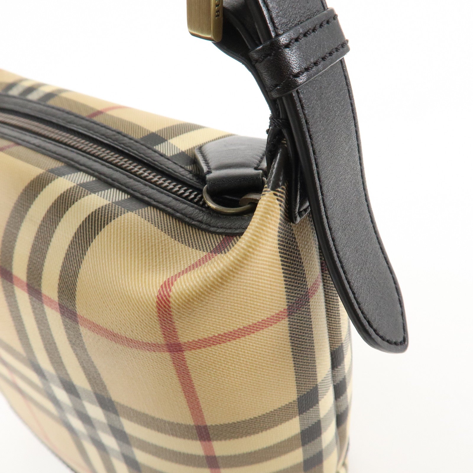 BURBERRY Nova Plaid Canvas Leather Shoulder Bag Hand Bag Beige Black Used