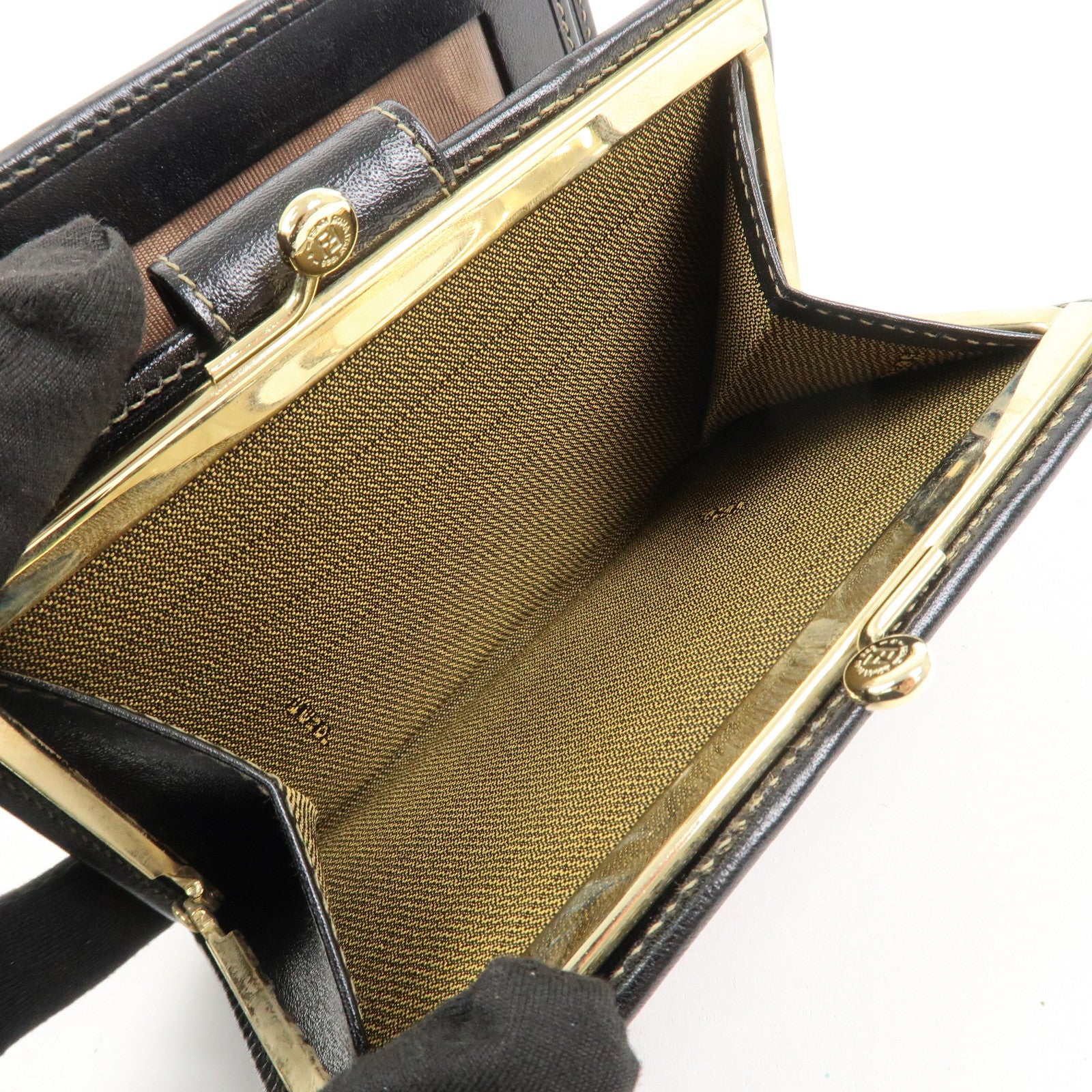 FENDI Zucca Kiss Lock Canvas Leather Bi-fold Wallet Brown 30207