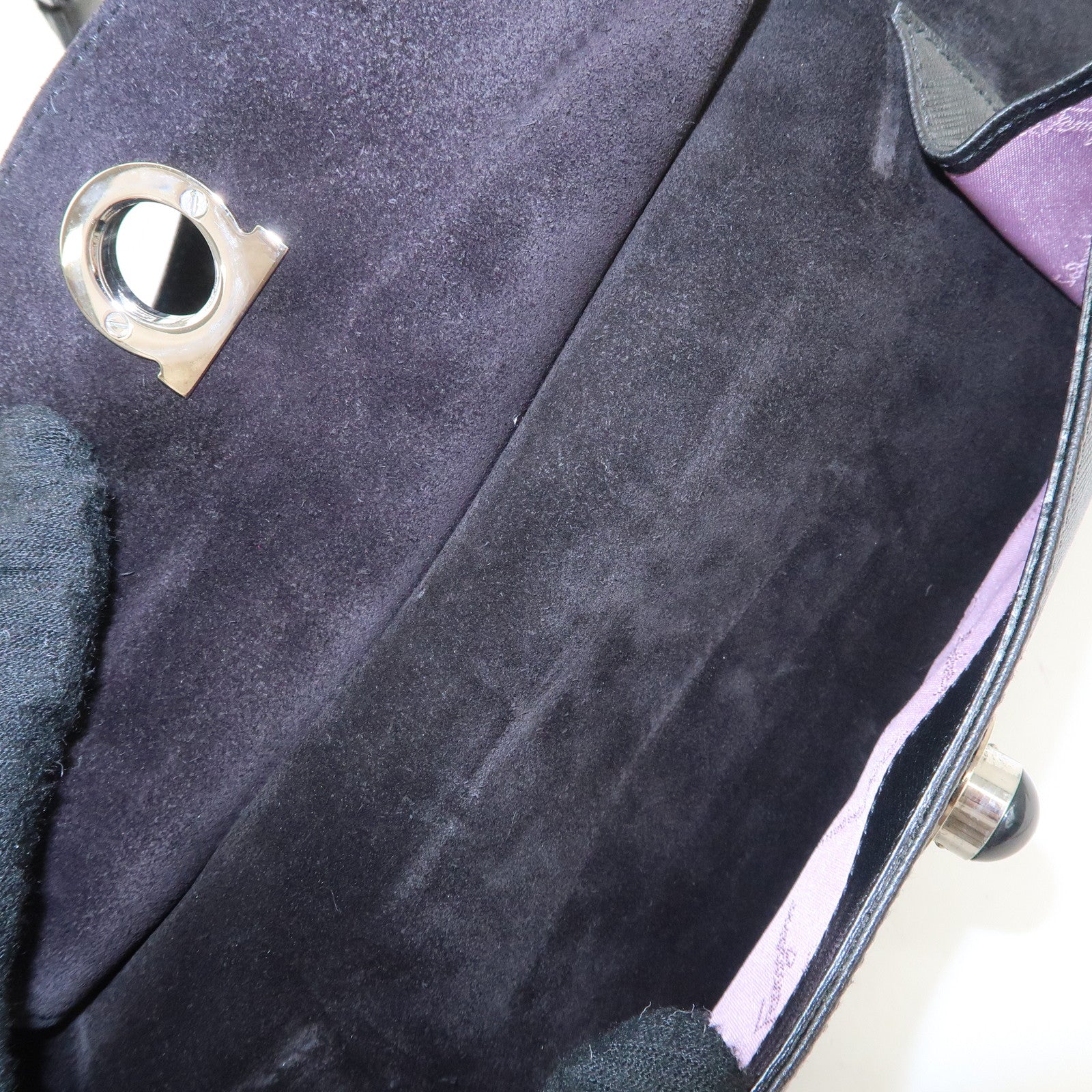 Ferragamo Gancini Leather Suede Hand Bag Black Used