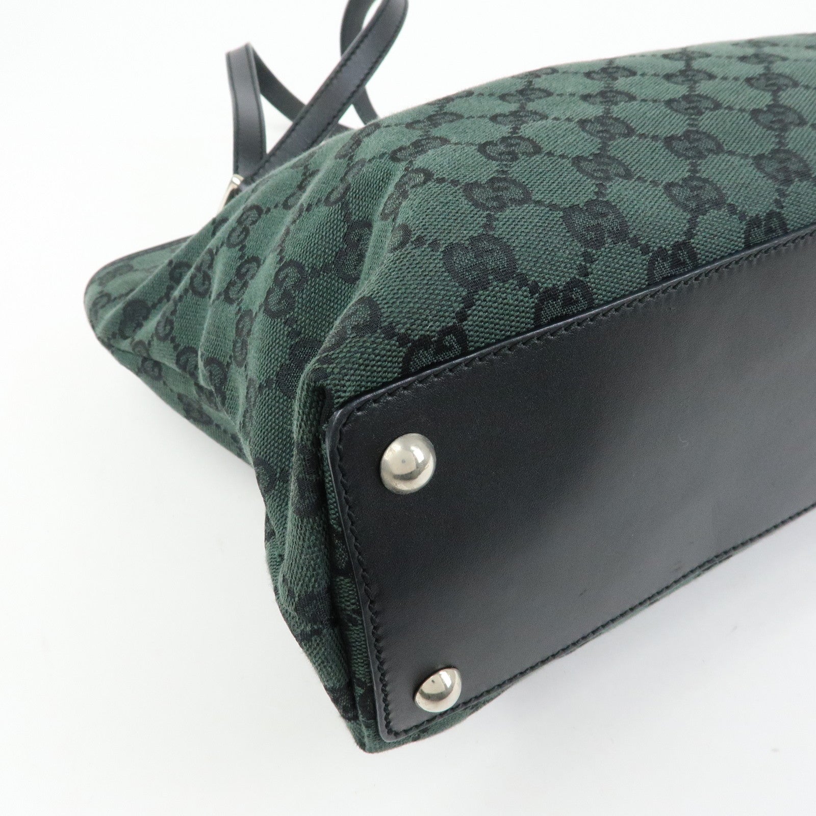 GUCCI GG Canvas Leather Tote Bag Hand Bag Green Black 285583