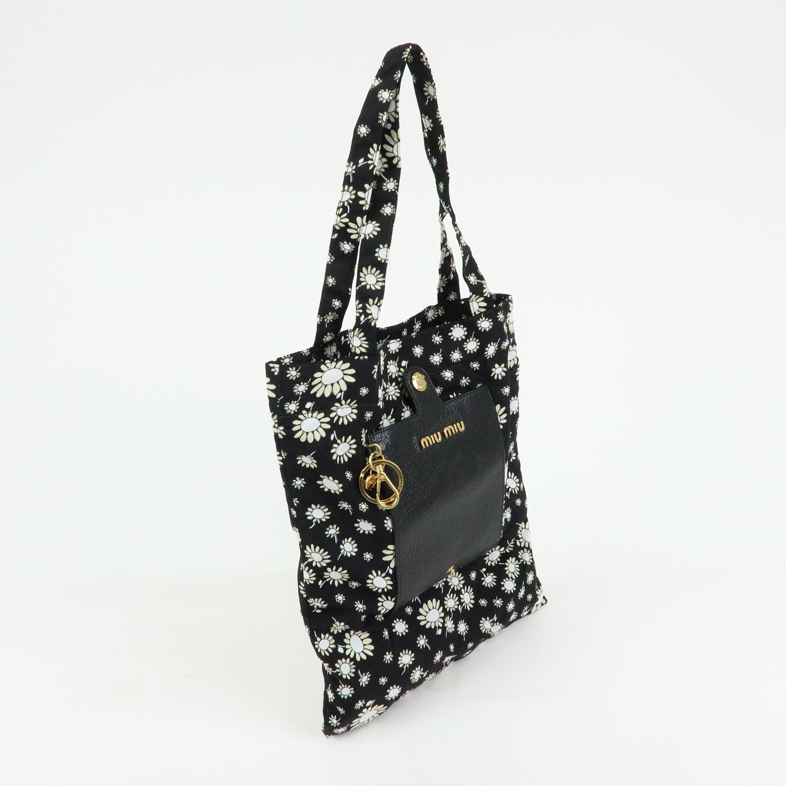 MIU MIU Nylon Leather Tote Bag Eco Bag Hand Bag Flower Print Black