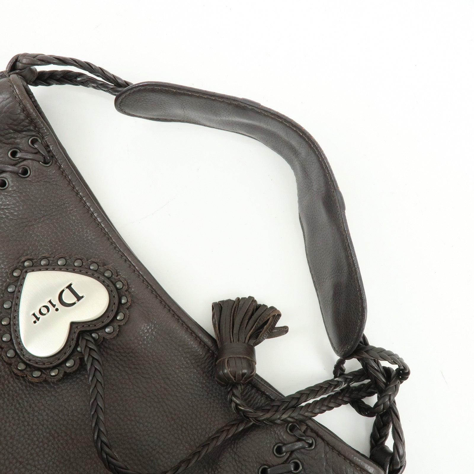 Christian Dior Leather Shoulder Bag Ethnic Heart Tassel Charm Brown
