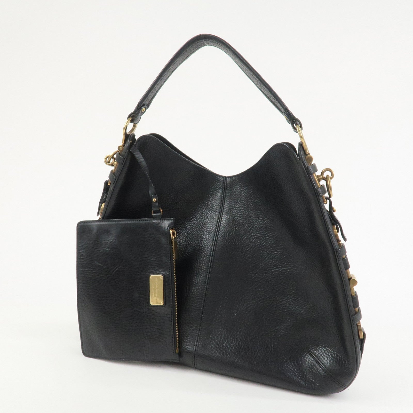 Ferragamo Gancini Calf Leather Shoulder Bag Hand Bag Black