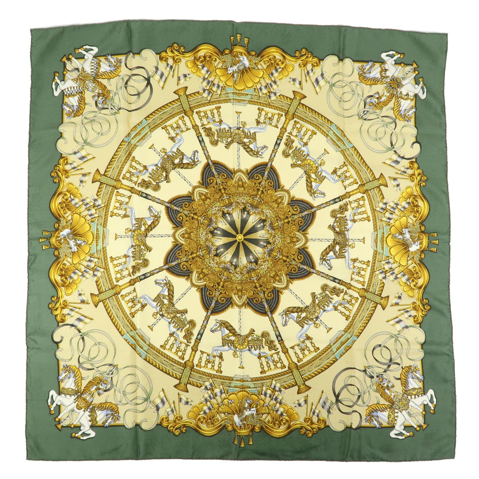 HERMES Carre 90 Silk 100% Scarf LUNA PARK Carousel Print Gold Green