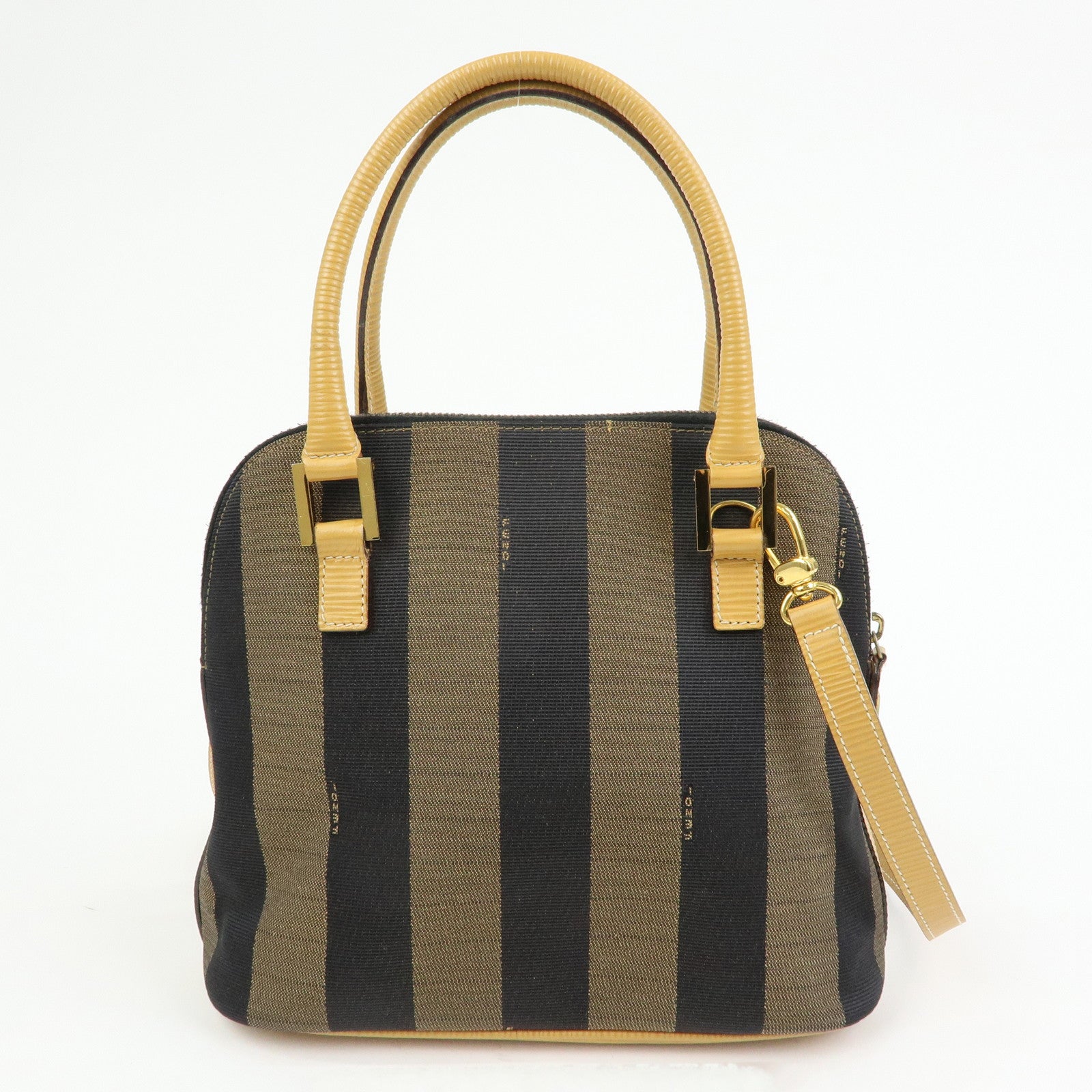 FENDI Pequin Canvas Leather 2Way Bag Hand Bag Shoulder Bag Brown