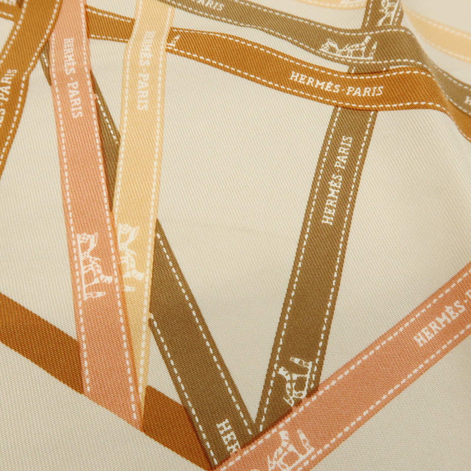 HERMES Pointu Set of 2 Silk 100% Scarf Ribbon Print Orange Beige