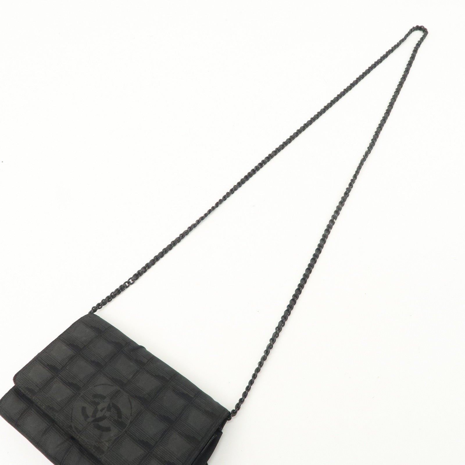 Chanel New Travel Line Nylon Jacquard Leather Chain Wallet Black A15772 Used