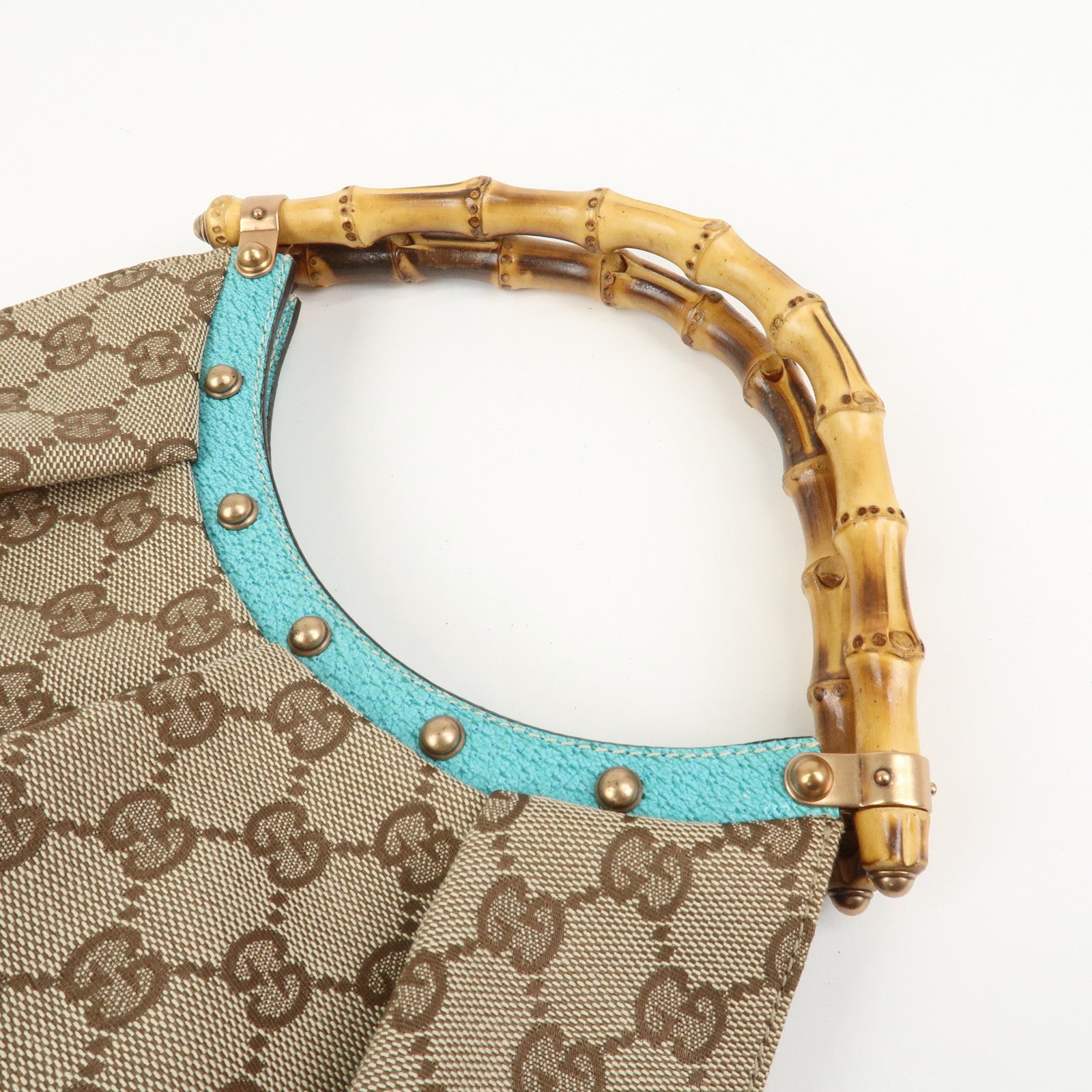 GUCCI Bamboo GG Canvas Leather Hand Bag Brown Light Blue 124297
