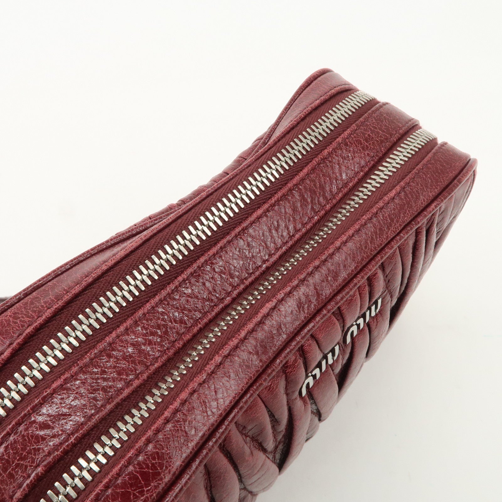 MIUMIU Matelasse Leather Shoulder Bag Burgundy Silver Hardware Used
