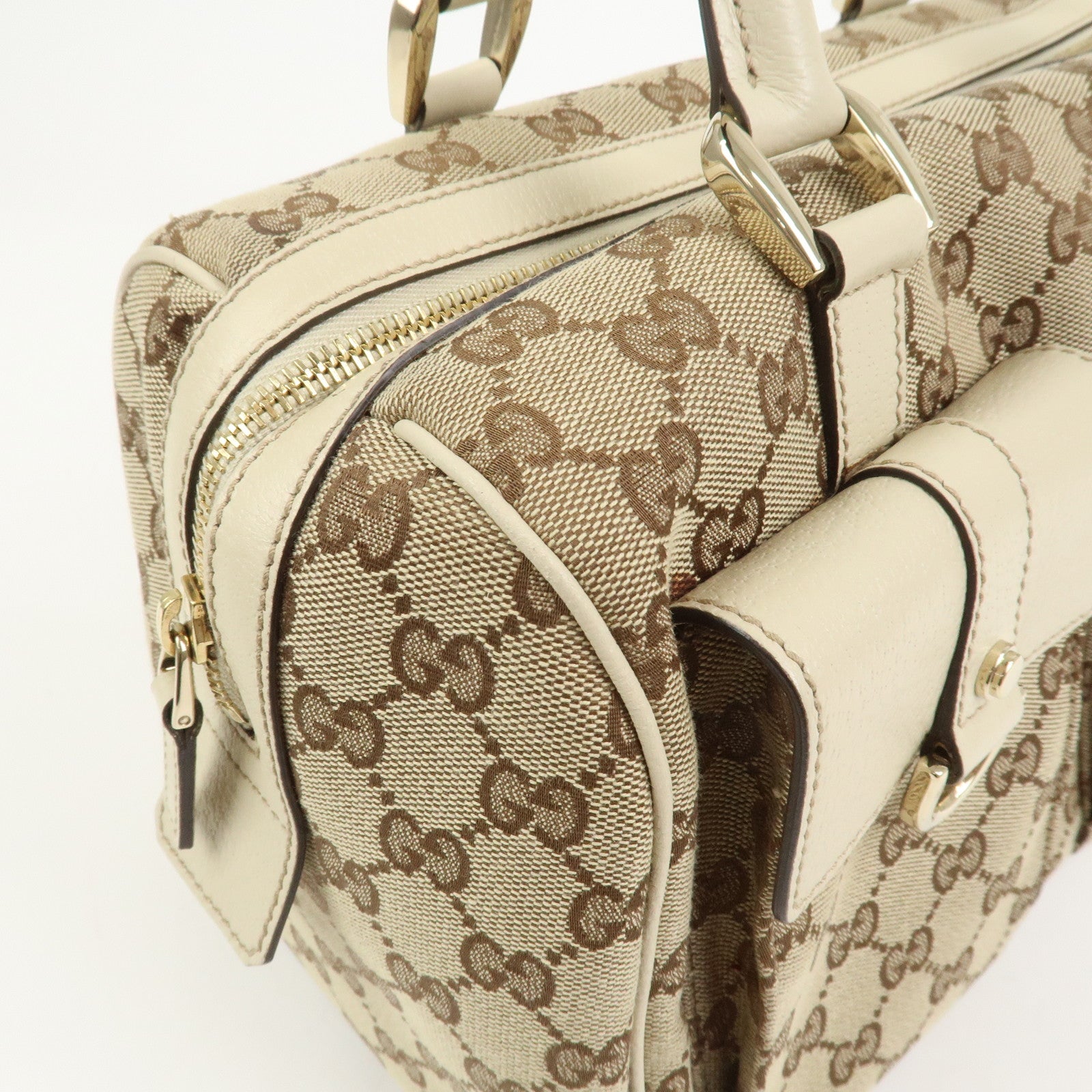 GUCCI GG Canvas Leather Mini Boston Bag Hand Bag Brown Ivory 153026