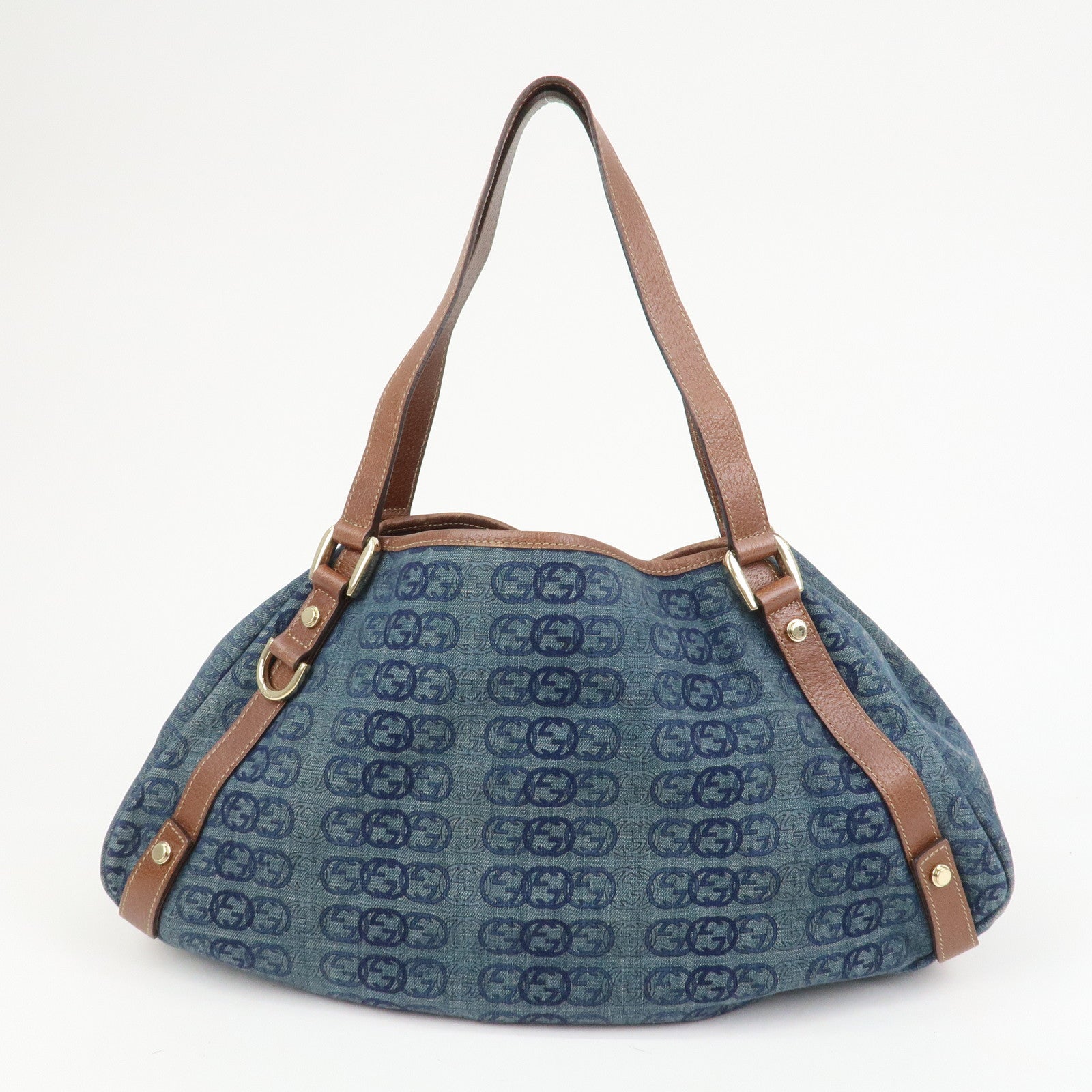 GUCCI Abbey Logo GG Denim Leather Tote Hand Bag Blue Brown 130736