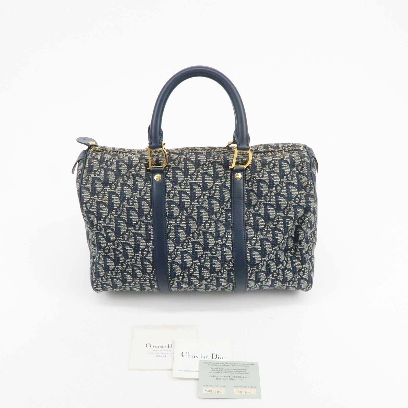 Christian Dior Trotter Jacquard Canvas Leather Boston Bag Navy