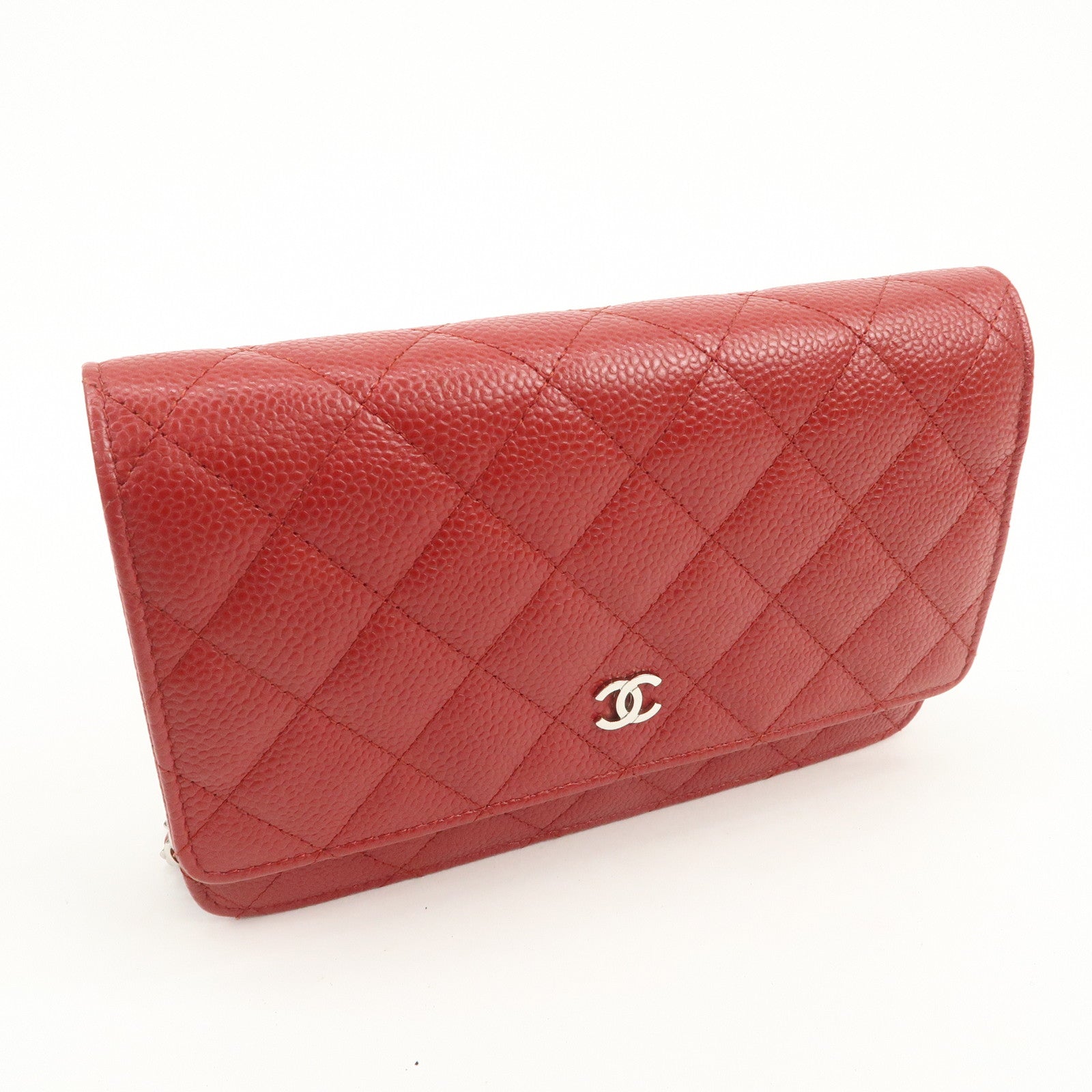 CHANEL Matelasse COCO Mark Caviarskin Chain Wallet Red A33814