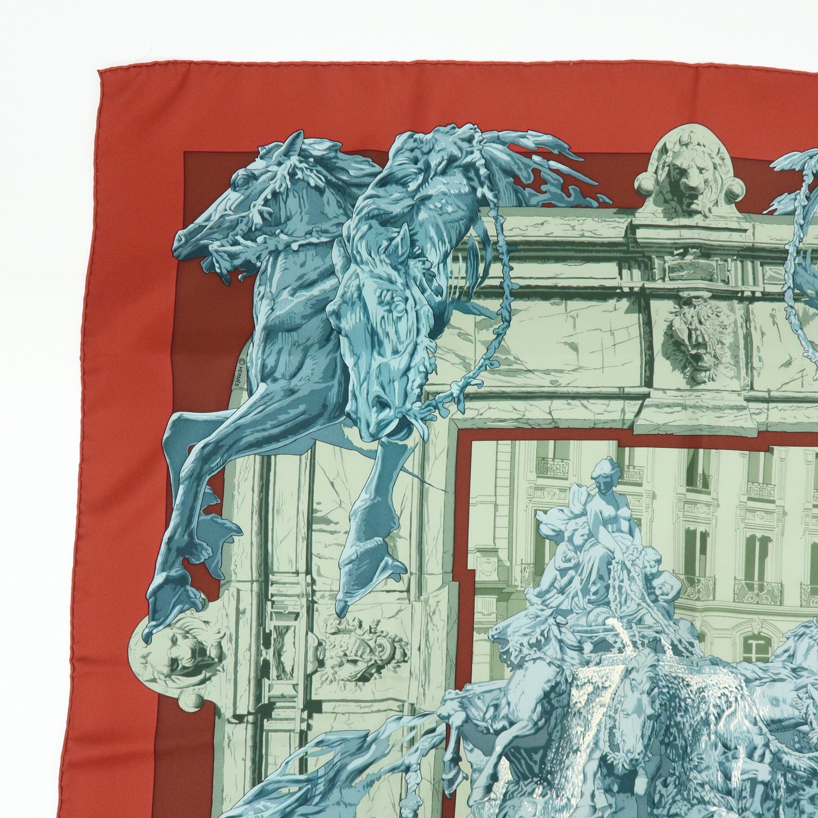 HERMES Carre 90 Silk 100% Scarf LA FONTAINE DE BARTHOLDI Gray Red