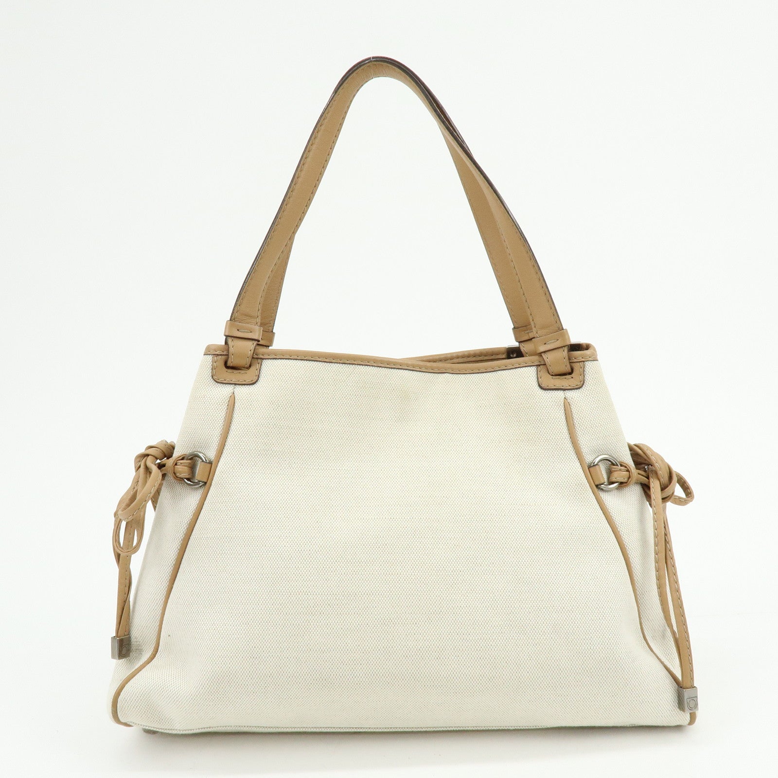 Ferragamo Gancini Canvas Leather Tote Bag Shoulder Bag Natural