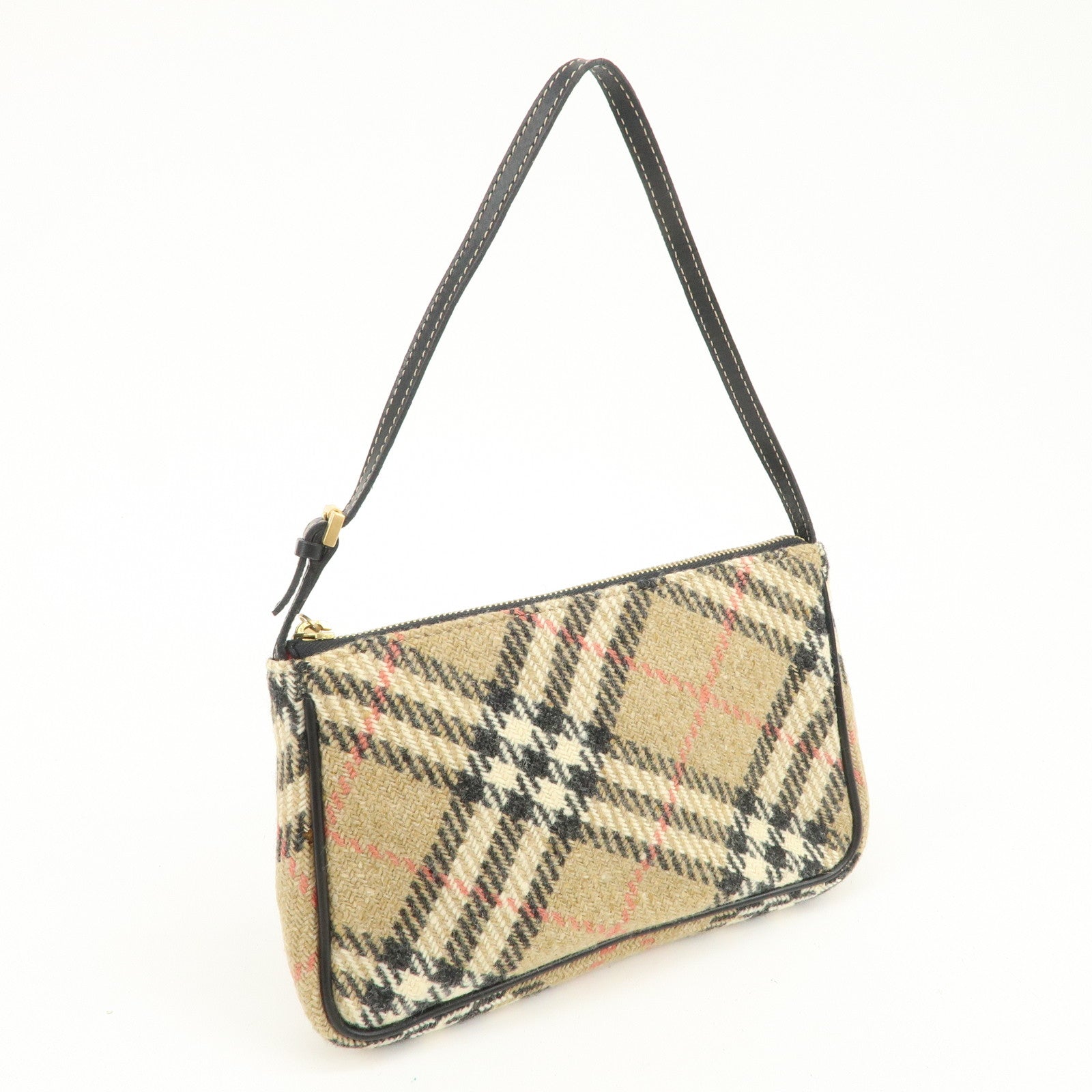BURBERRY Nova Plaid Wool Leather Shoulder Bag Hand Bag Beige Black