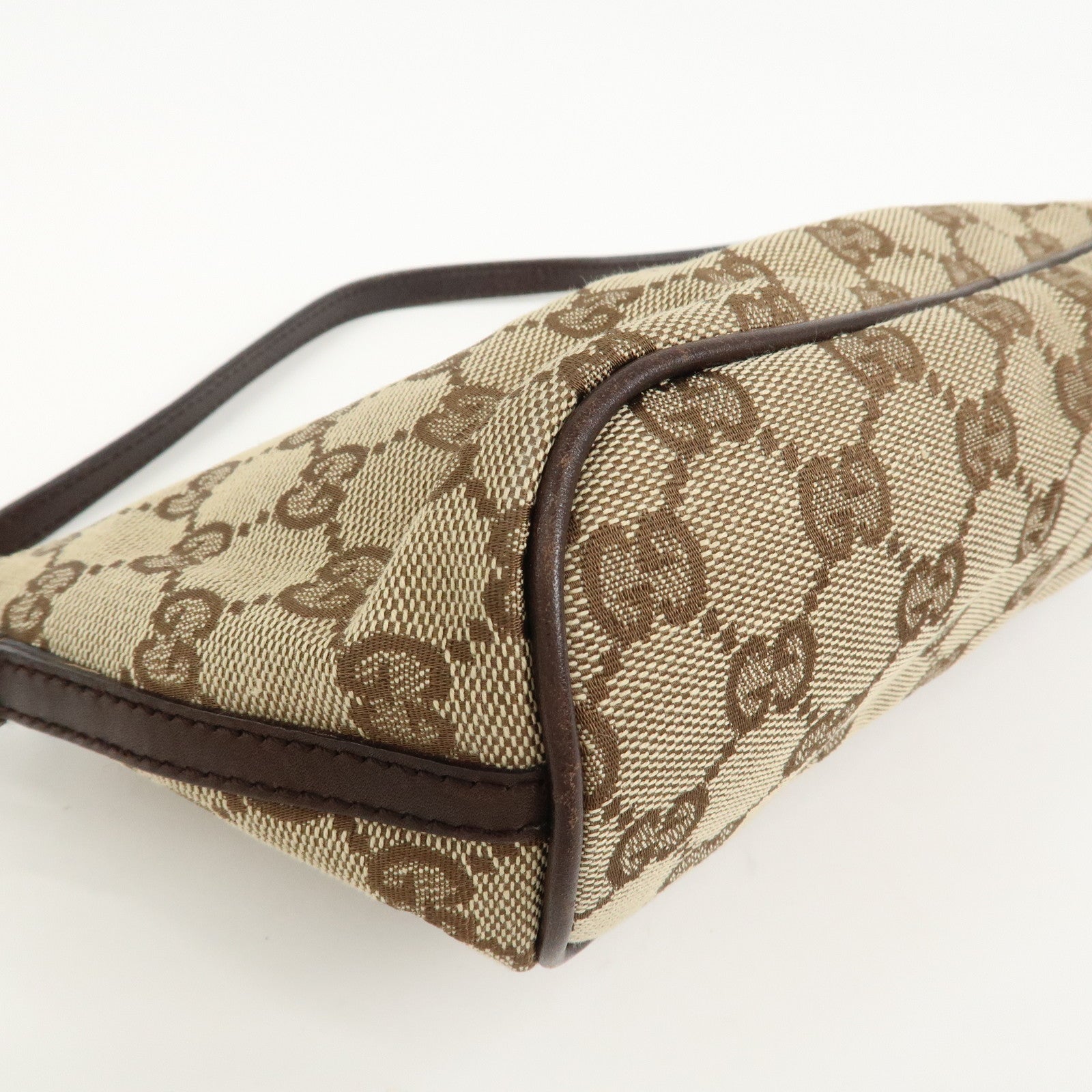 GUCCI Boat Bag GG Canvas Leather Hand Bag Pouch Beige Brown 07198