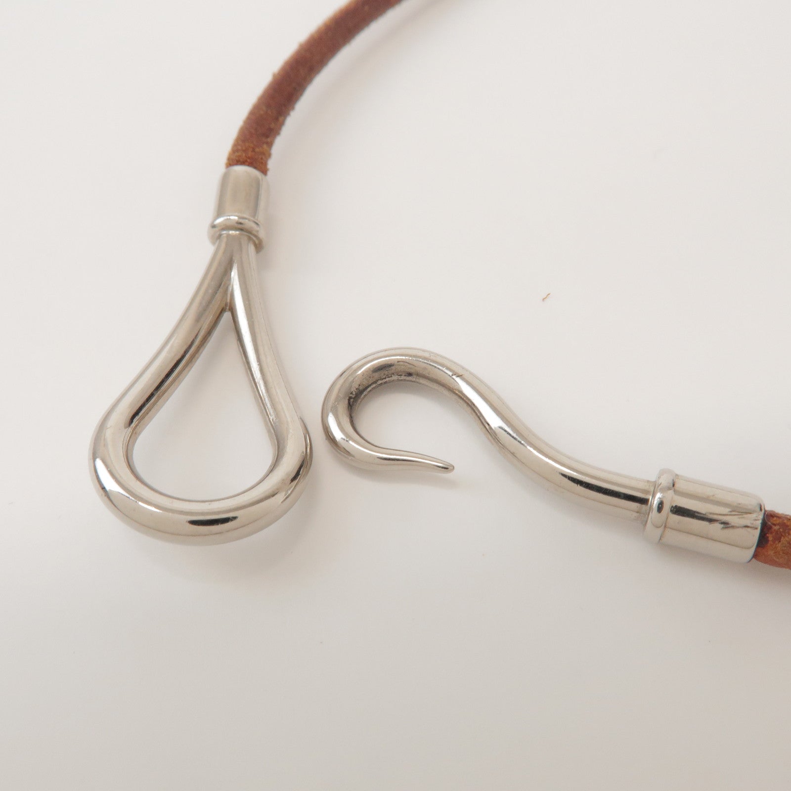 HERMES Jumbo Choker Leather Metal Bracelet Brown Silver