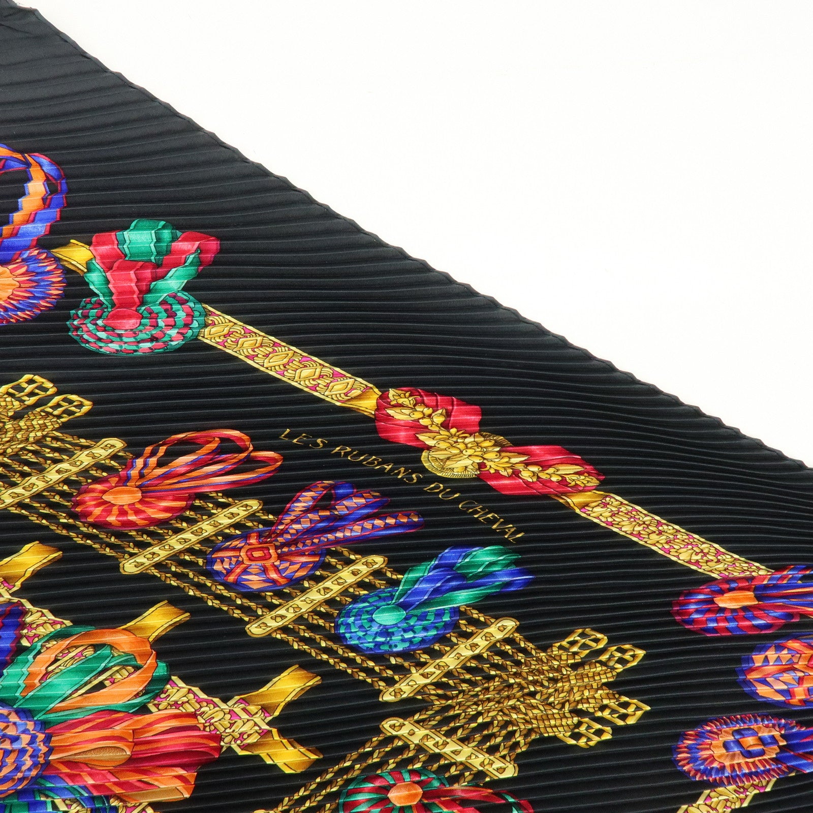 HERMES Pleats Carre Silk 100% Sarf LES RUBANS DU CHEVAL Black