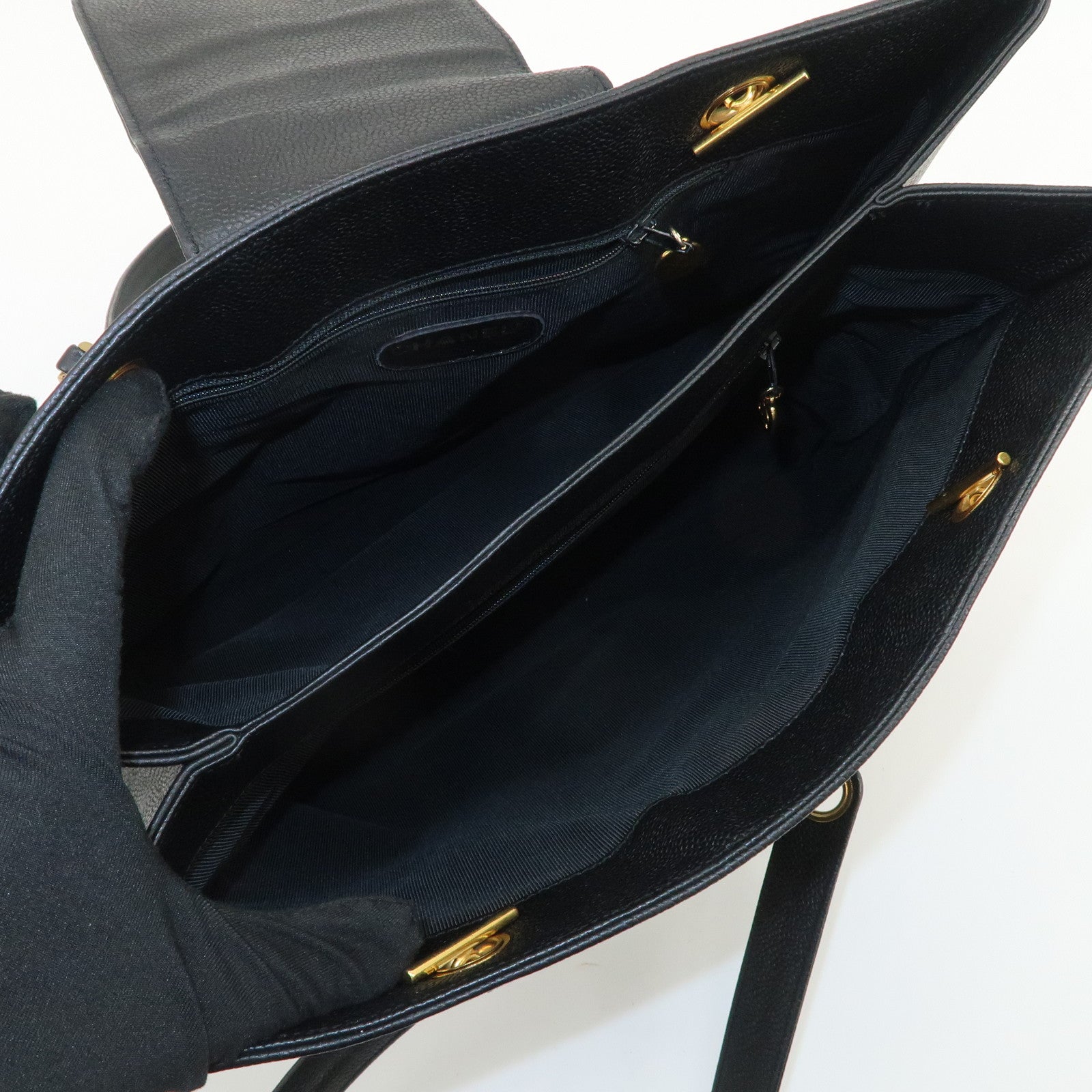 CHANEL COCO Mark Caviarskin Chain Tote Bag Shoulder Bag Black Gold