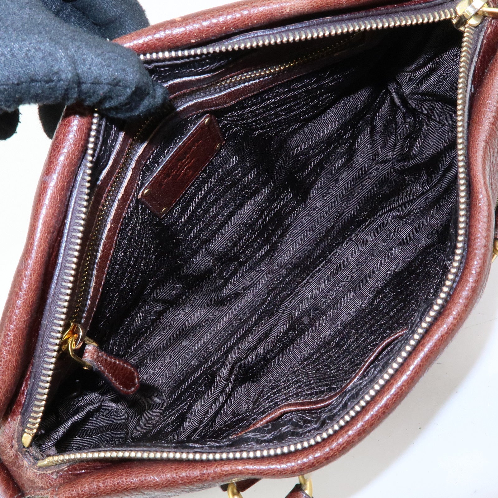 PRADA Logo Jacquard Leather 2Way Bag Hand Bag Shoulder Bag Brown