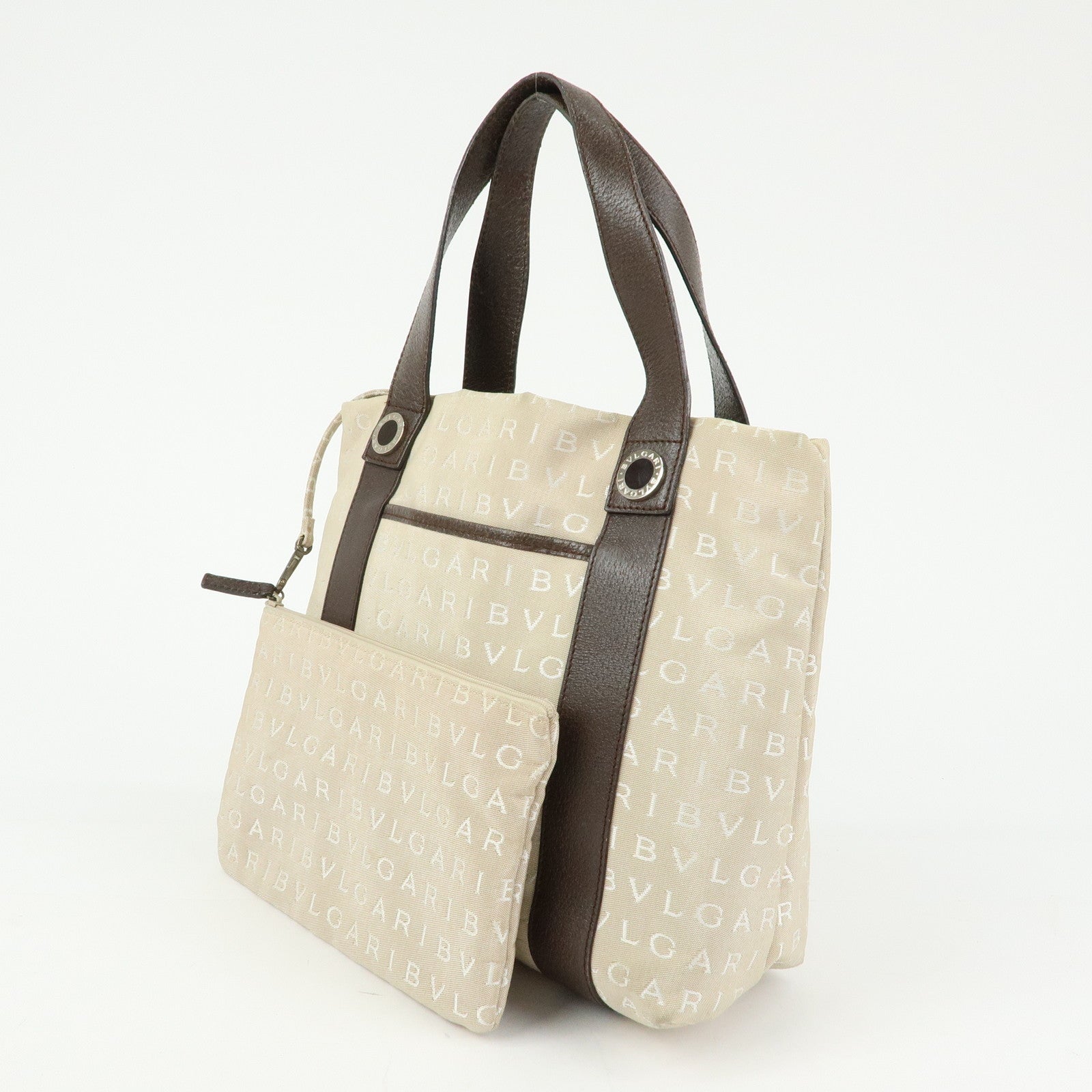 BVLGARI Logo Mania Canvas Leather Tote Bag Hand Bag Beige Brown