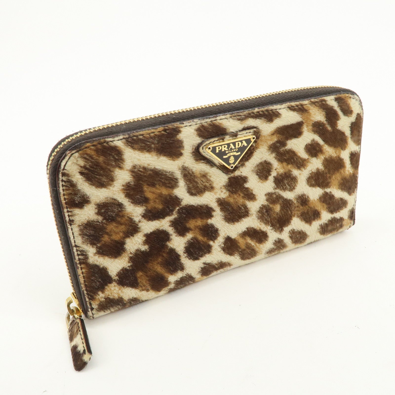 PRADA Unborn Calf Leather Round Zippy Wallet Beige Brown 1M0506