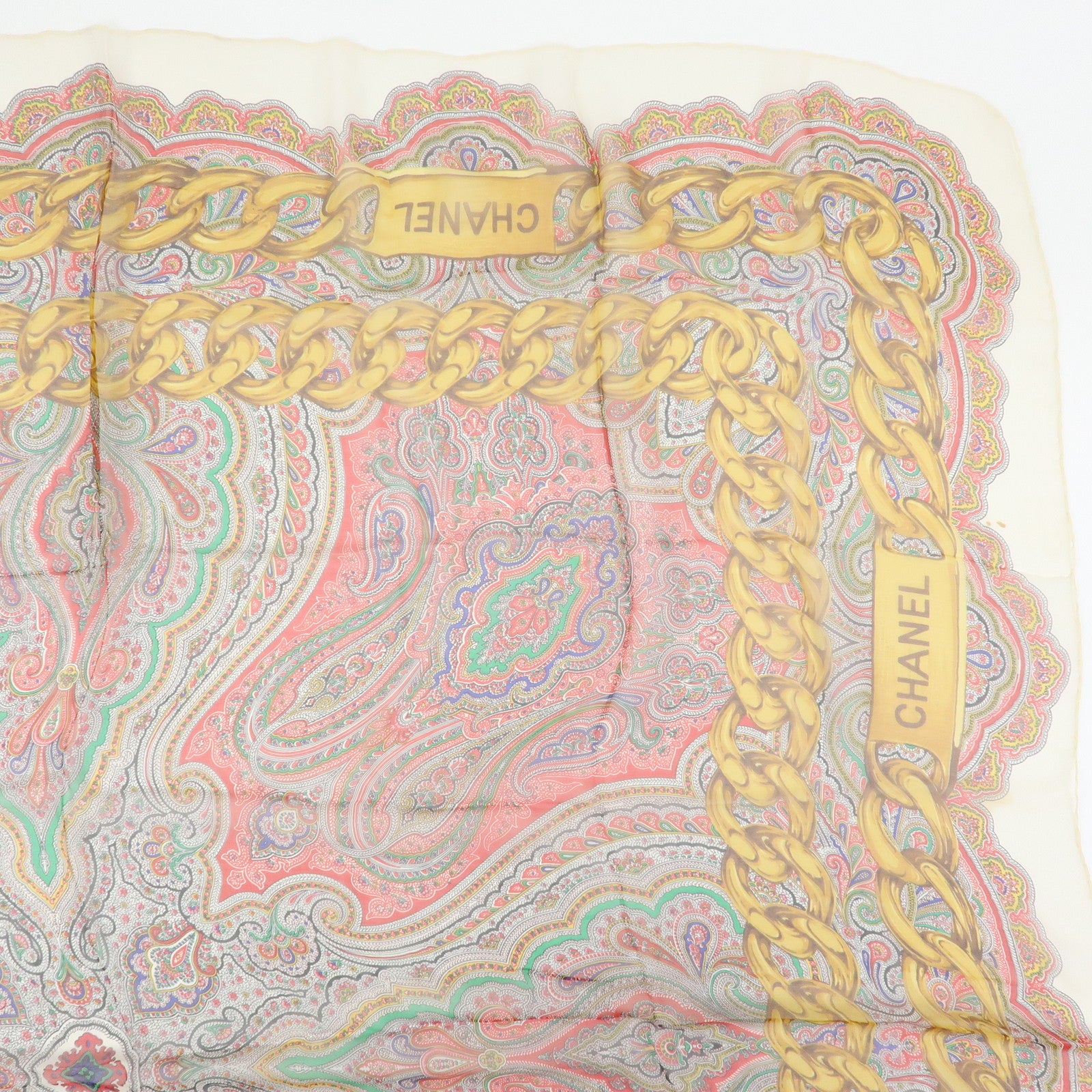 CHANEL Silk 100% Paisley Chain Pattern Scarf Gold Red