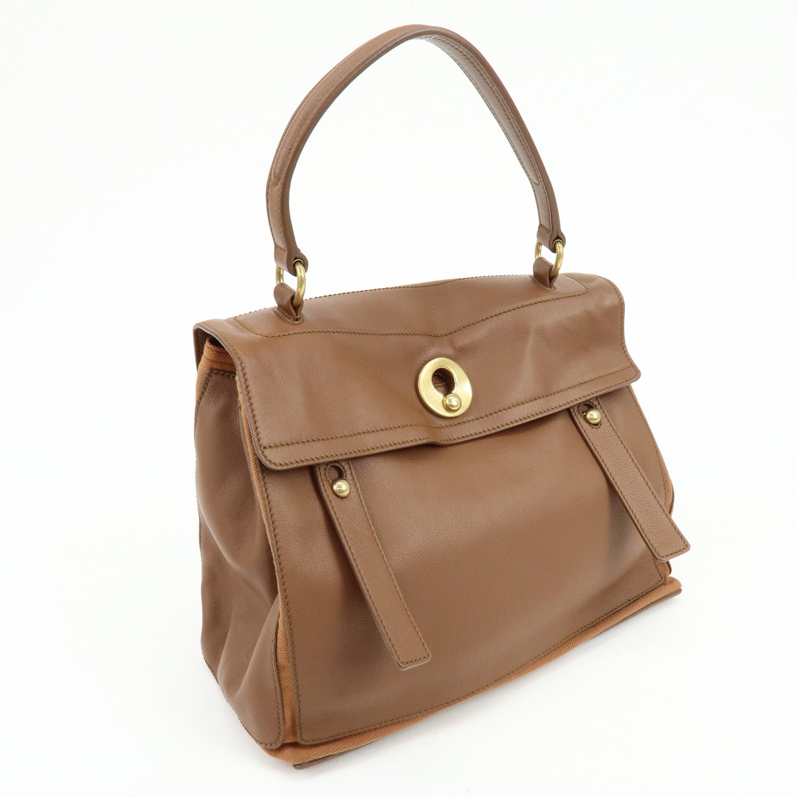 SAINT LAURENT PARIS Muse Two Leather Canvas Hand Bag Brown 229630