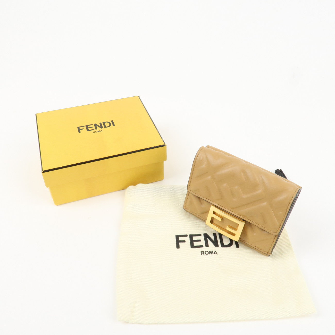 FENDI Zucca Baguette Leather Micro Tri-fold Wallet Beige 8M0395 Used