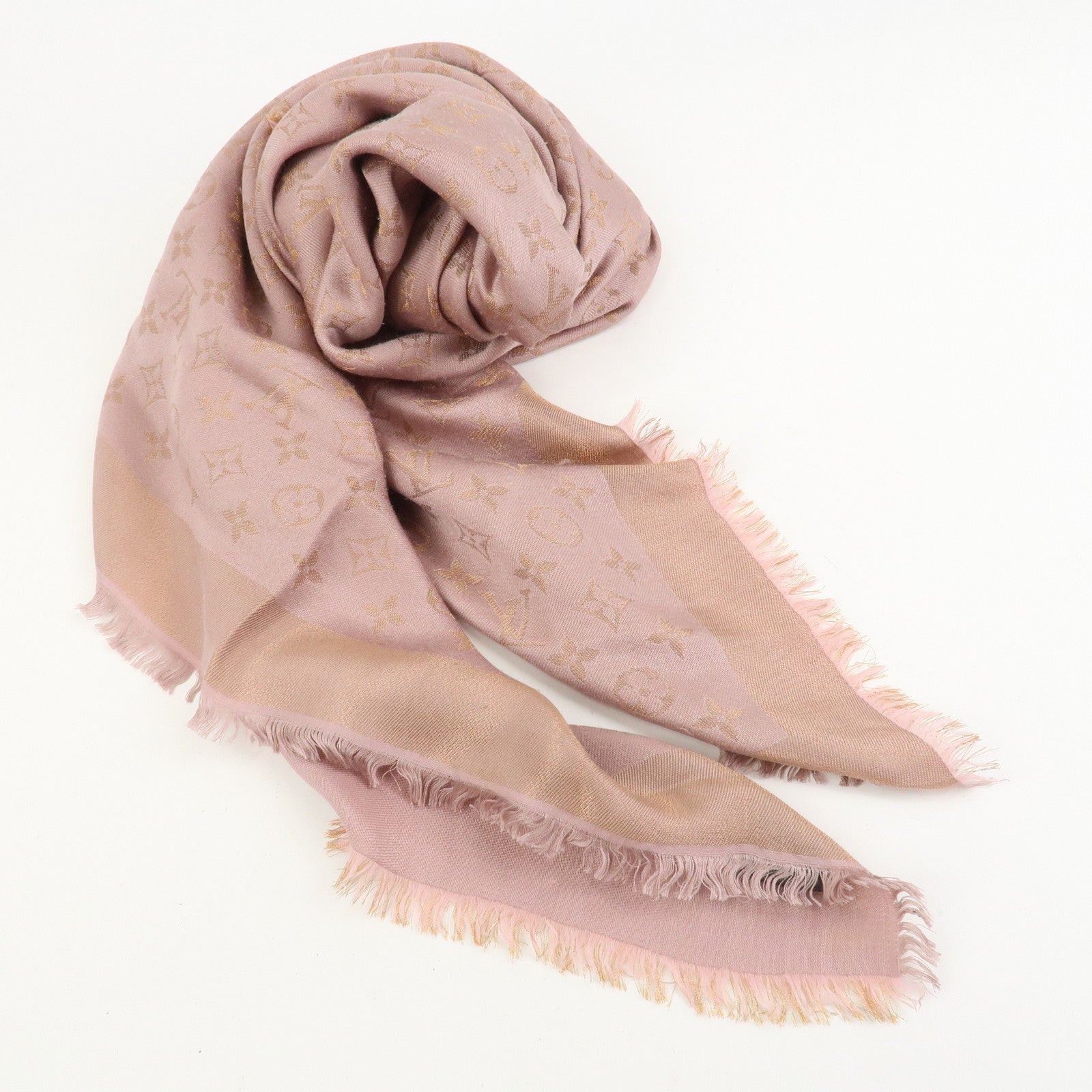 Louis Vuitton Monogram Shine Silk Wool Scarf Shawl Pink M75700