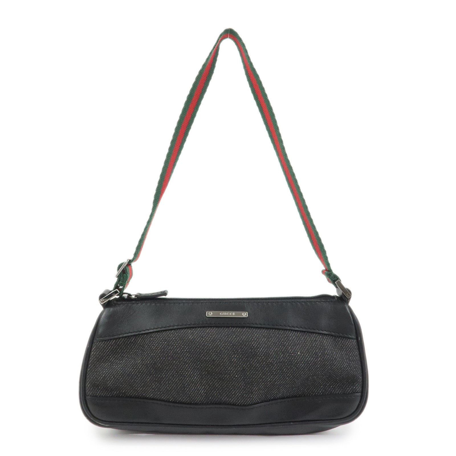 GUCCI Sherry Denim Leather Accessory Pouch Hand Bag Black 92820